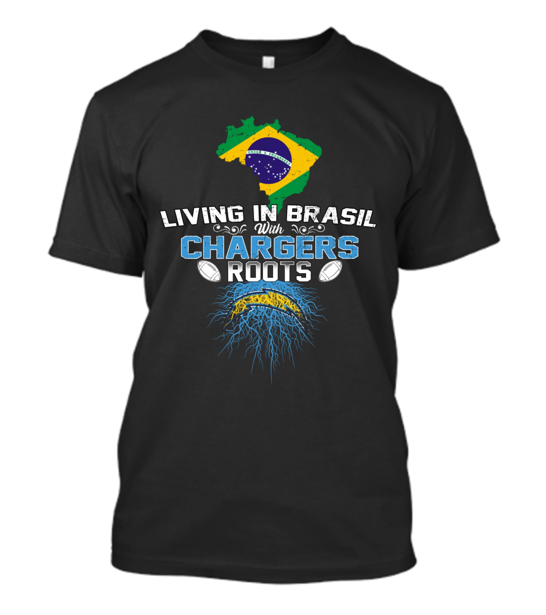 Living In Brasil With Chargers Roots Brazil Map Flag And Football Elements T-Shirt