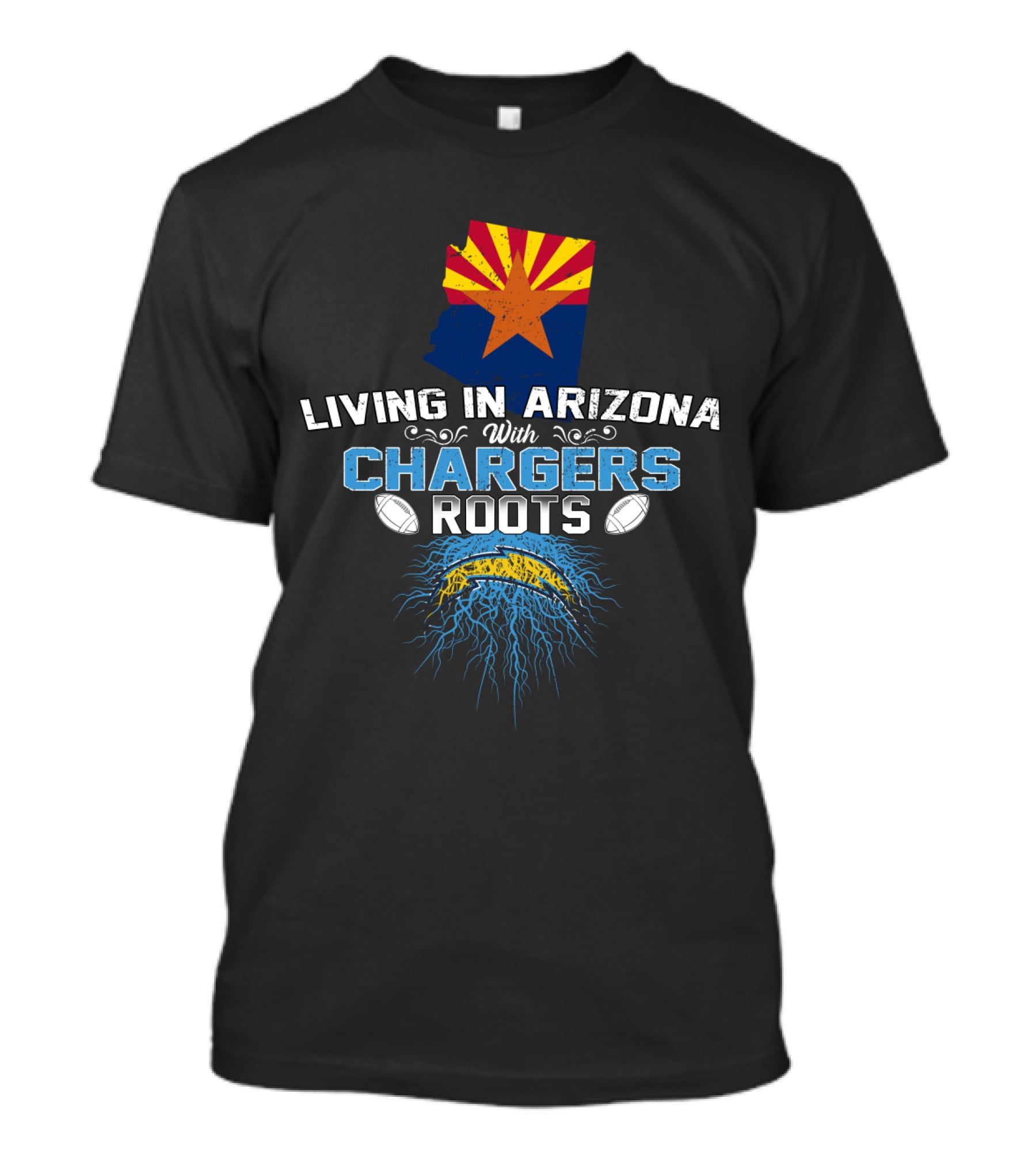 Living In Arizona With Chargers Roots Arizona Flag Map Football T-Shirt
