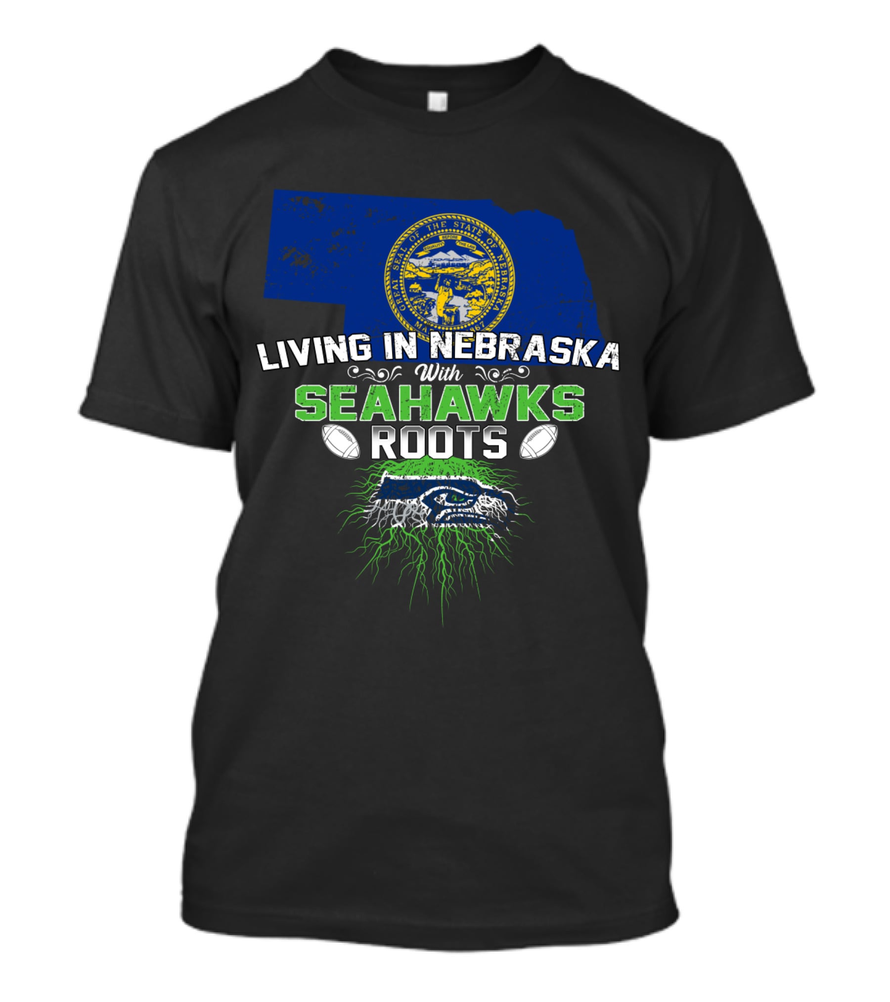 Living In Nebraska With Seahawks Roots Nebraska State Seal And Seahawks Logo Football T-Shirt