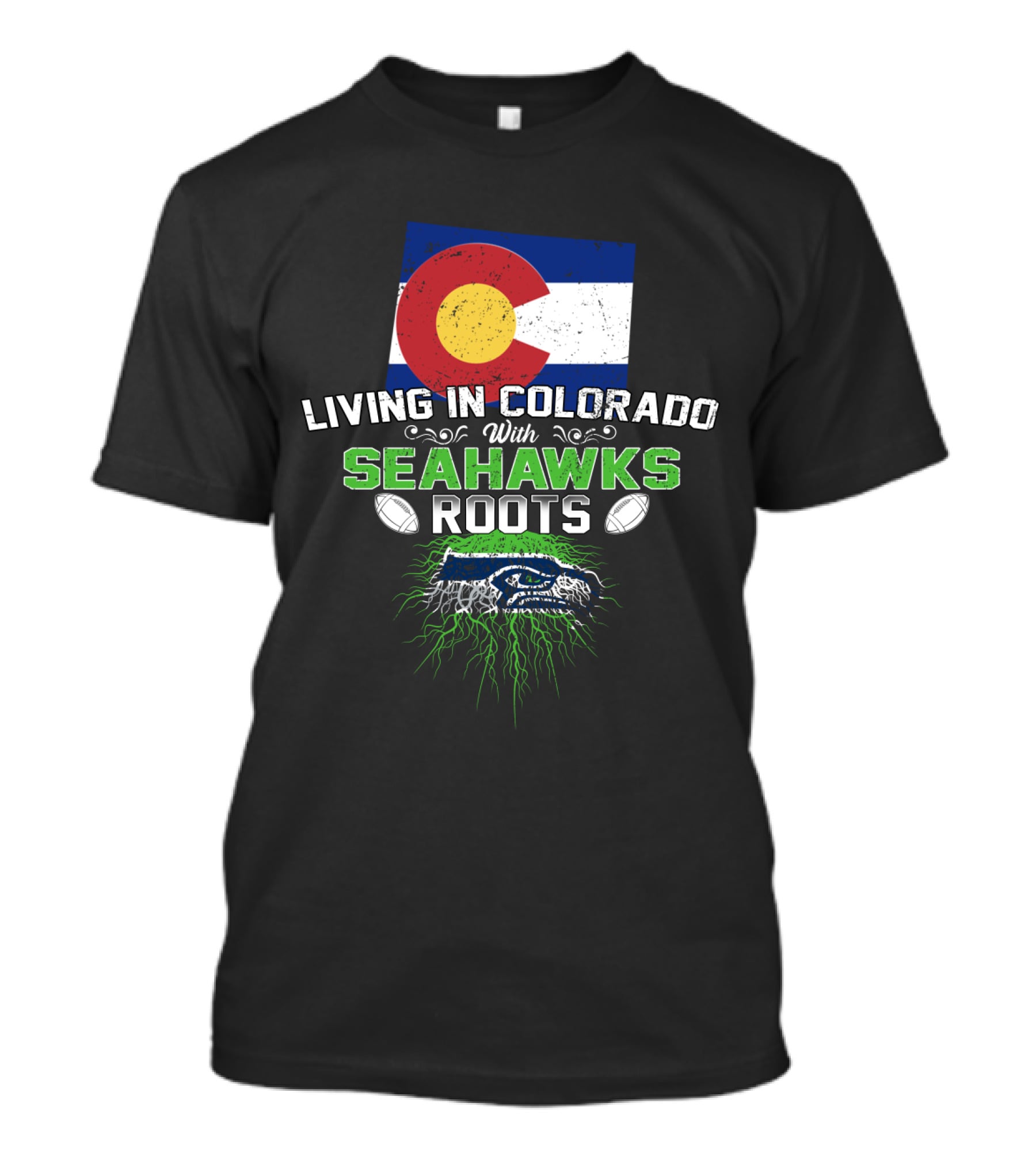 Living In Colorado Celebrating Seahawks Roots With Flag And Team Spirit T-Shirt