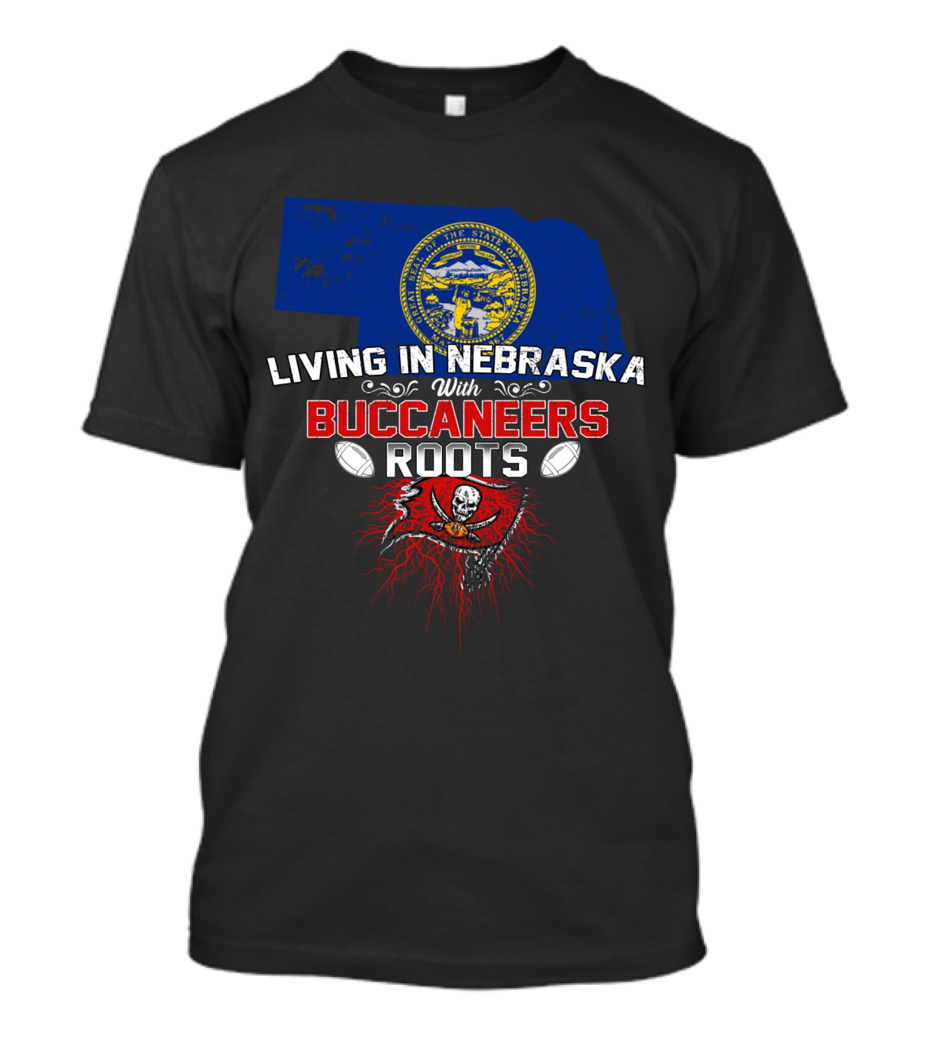 Living In Nebraska With Buccaneers Roots Nebraska State Seal Football Skull Flag T-Shirt