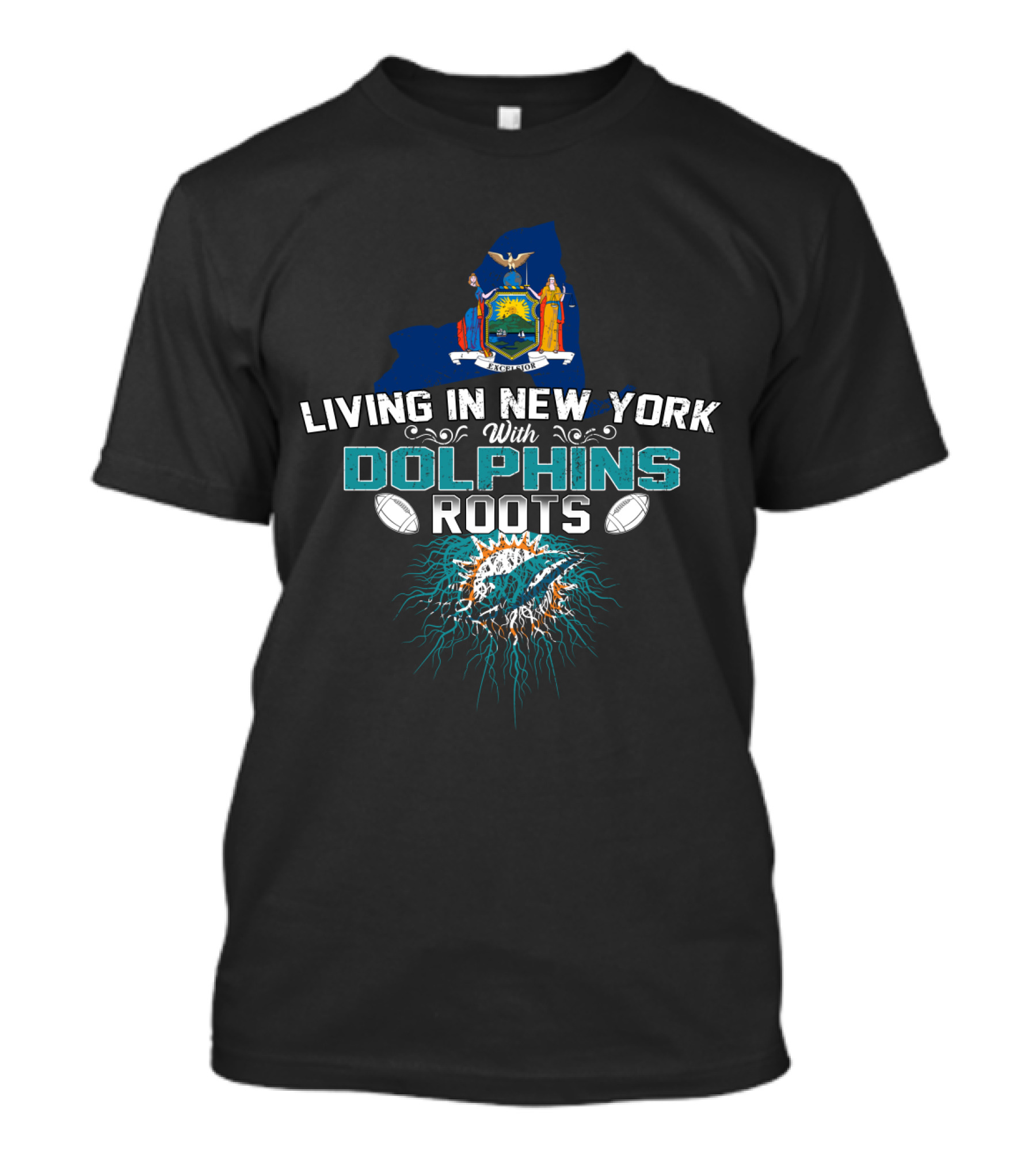 Living In New York With Miami Dolphins Roots New York State Map T-Shirt