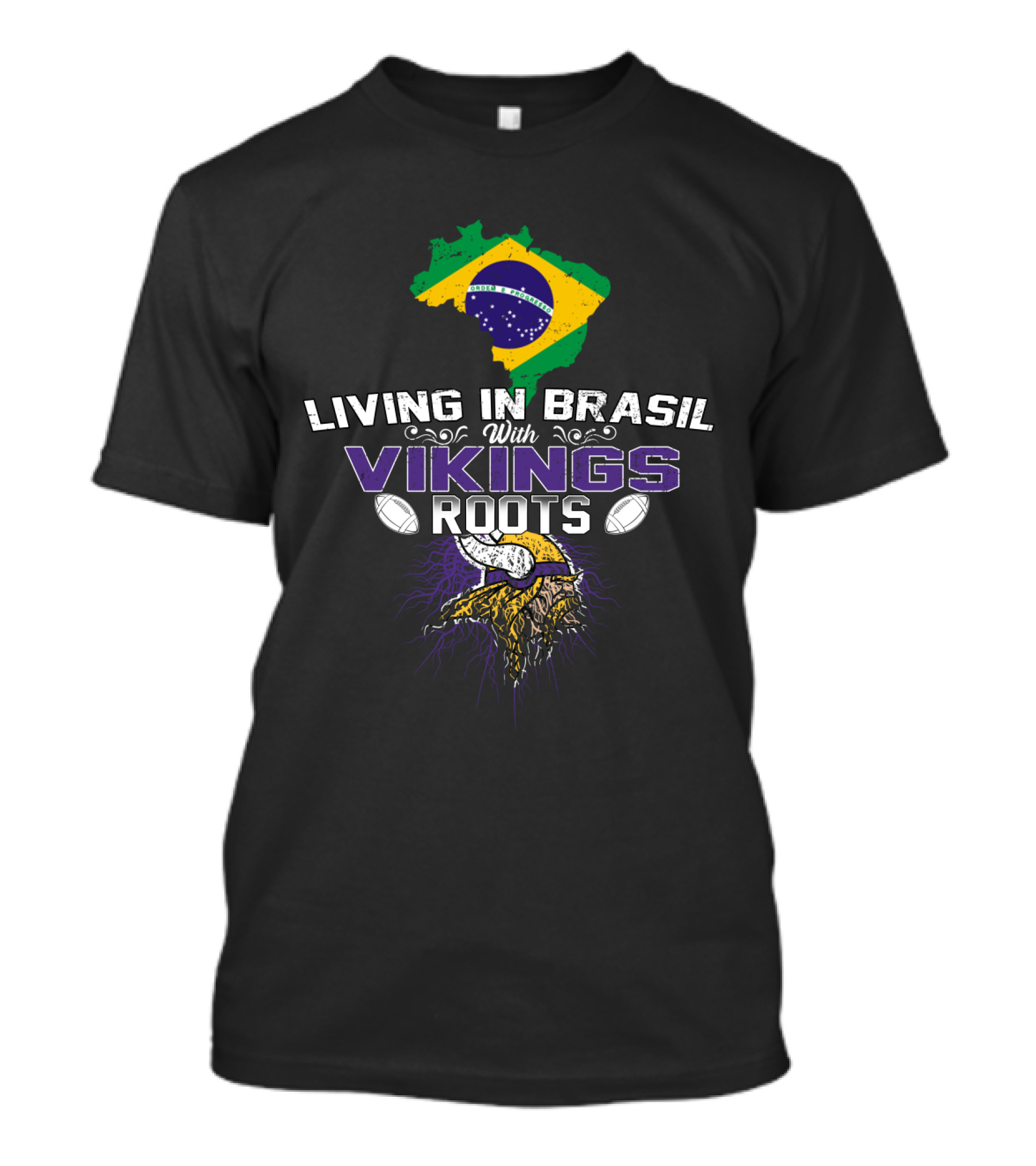 Living In Brasil With Vikings Roots Map And Viking Helmet With Footballs T-Shirt