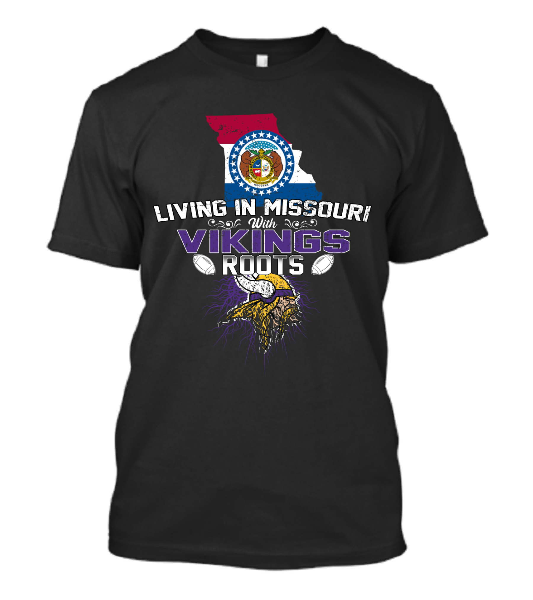Living In Missouri With Vikings Roots Football And State Flag Elements T-Shirt
