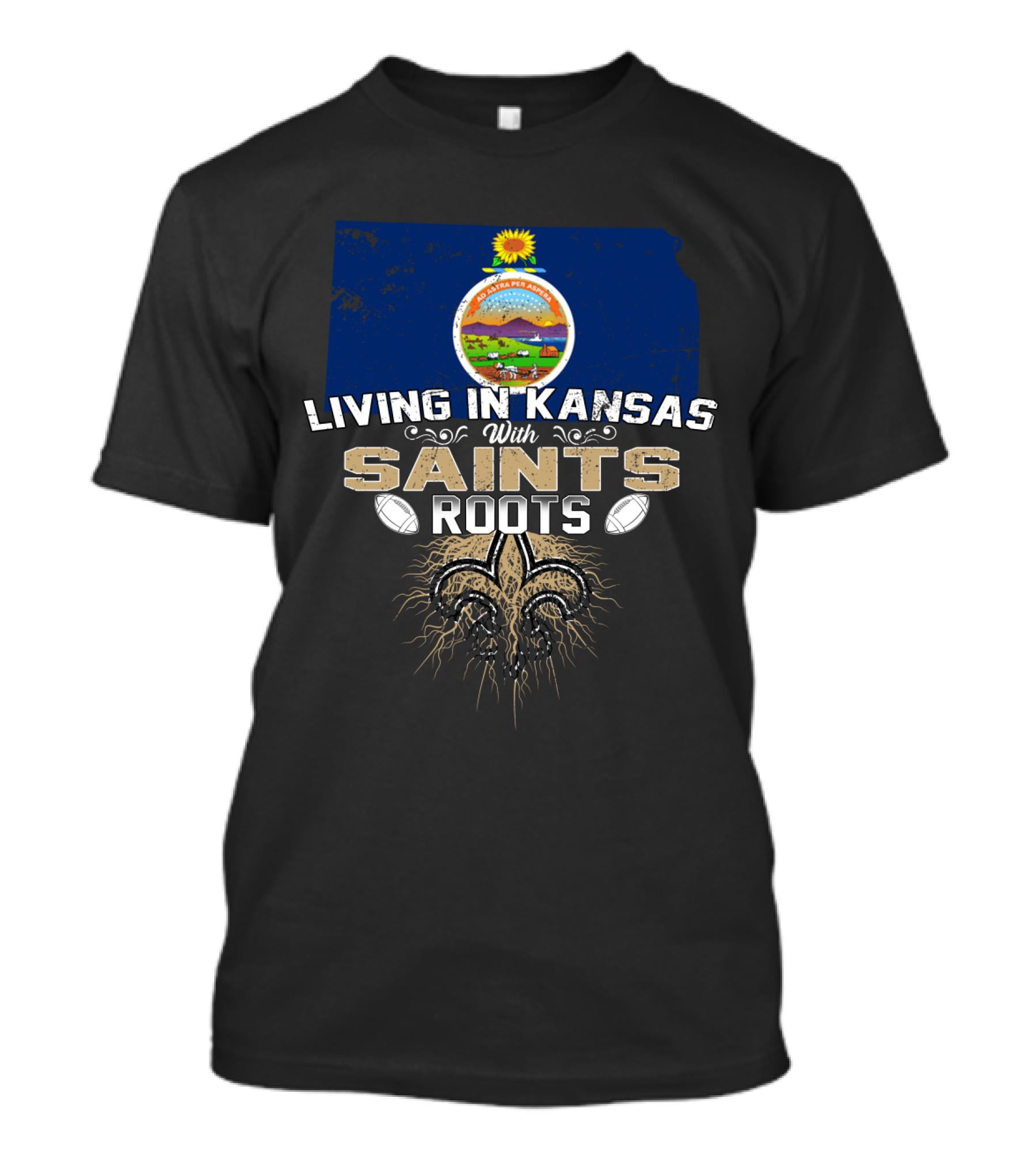 Living In Kansas With Saints Roots Kansas Map State Seal Fleur De Lis Football Elements T-Shirt