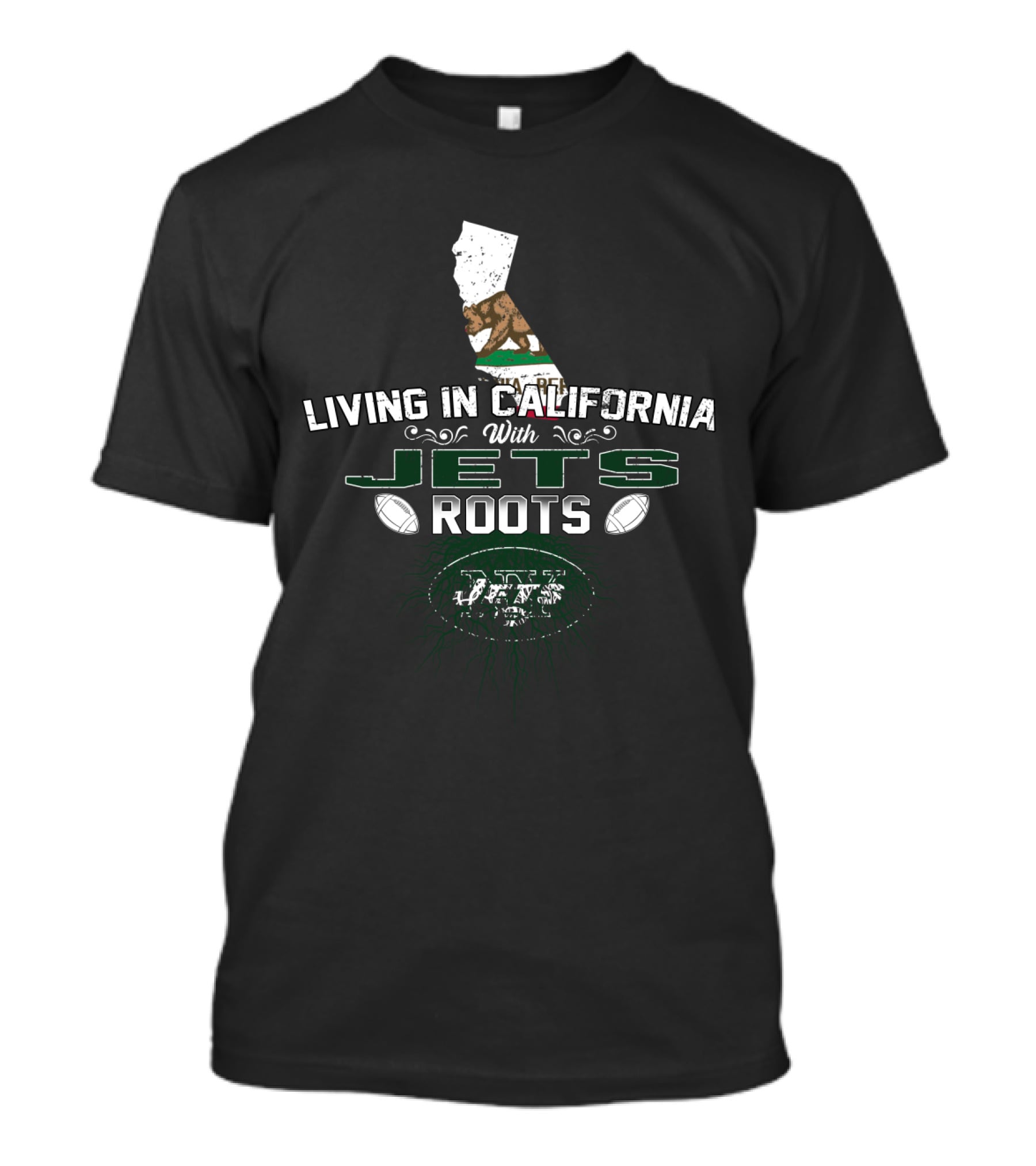 Living In California With Jets Roots Football Theme State Bear T-Shirt