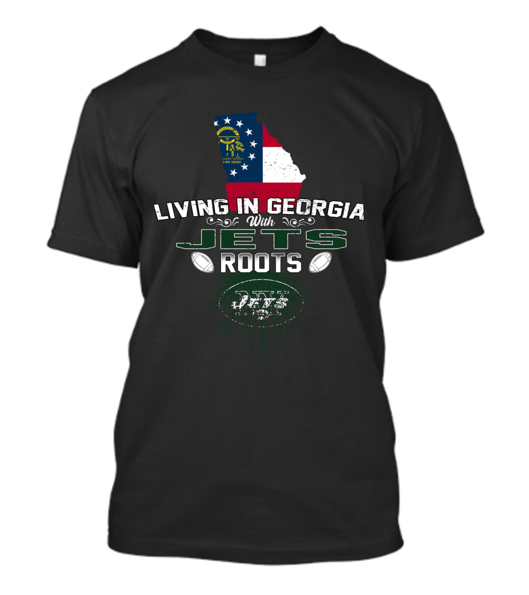 Living In Georgia With Jets Roots Georgia Flag NFL Football T-Shirt