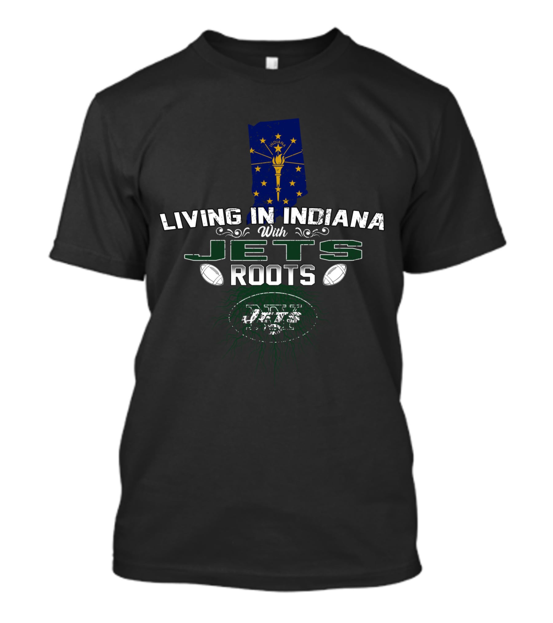Living In Indiana With Jets Roots Indiana Flag Football Elements T-Shirt