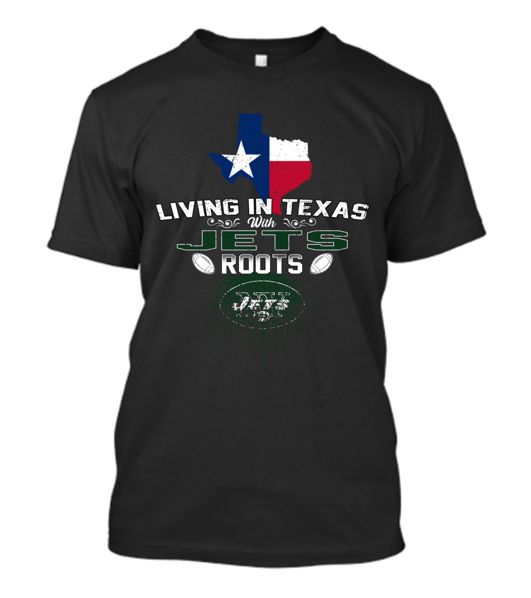 LIVING IN TEXAS WITH JETS ROOTS TEXAS FLAG NEW YORK FOOTBALL ICONS T-Shirt
