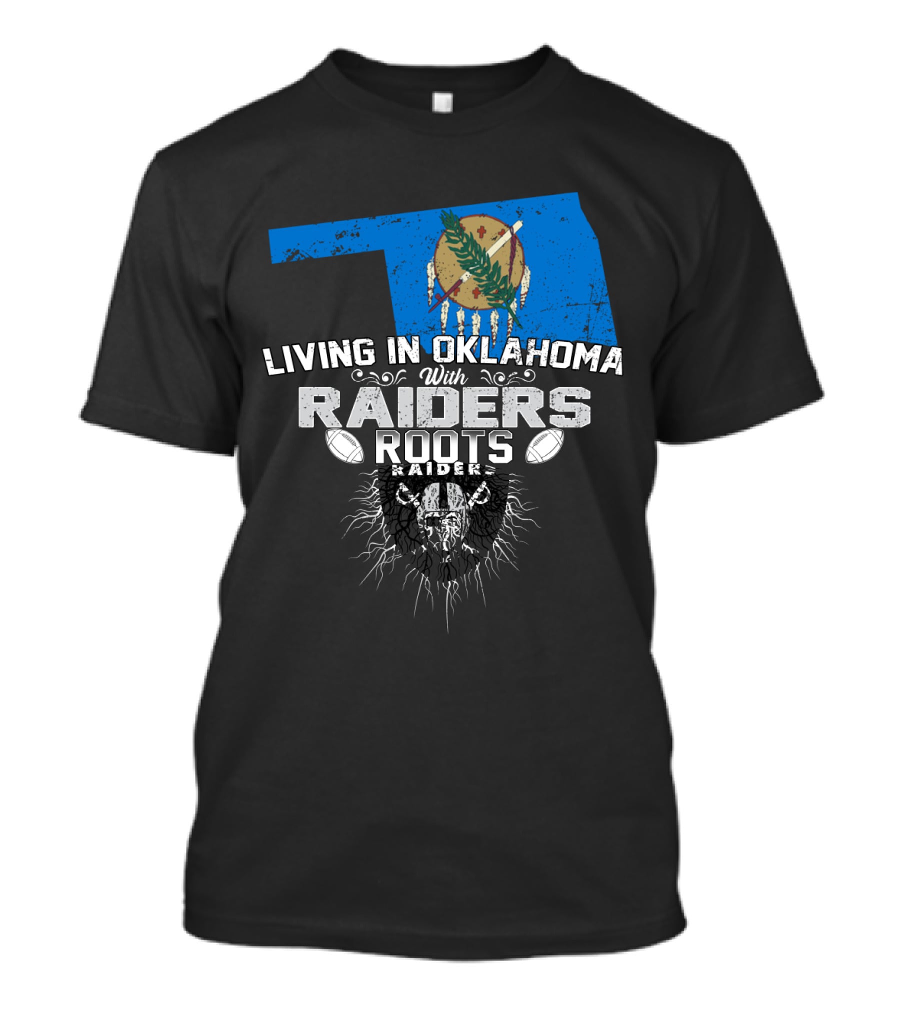 Living In Oklahoma With Raiders Roots Oklahoma Map And Football Elements T-Shirt