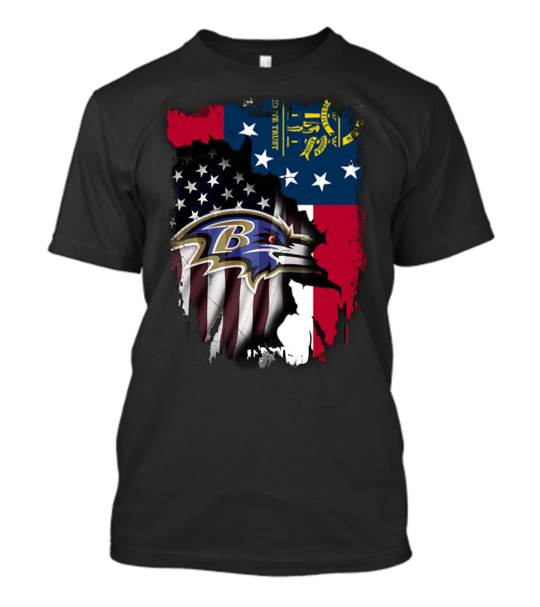 Georgia Flag With Baltimore Ravens American Flag Overlay T-Shirt