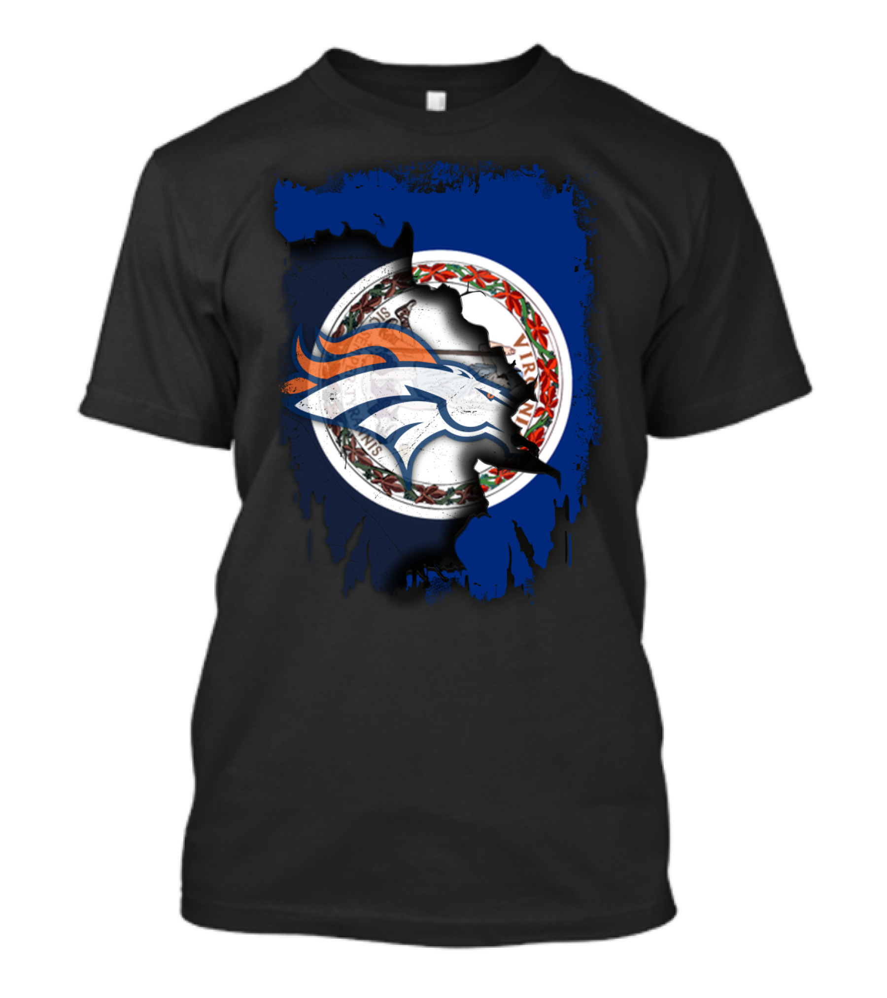 Together Virginia With Broncos Logo Over State Flag T-Shirt
