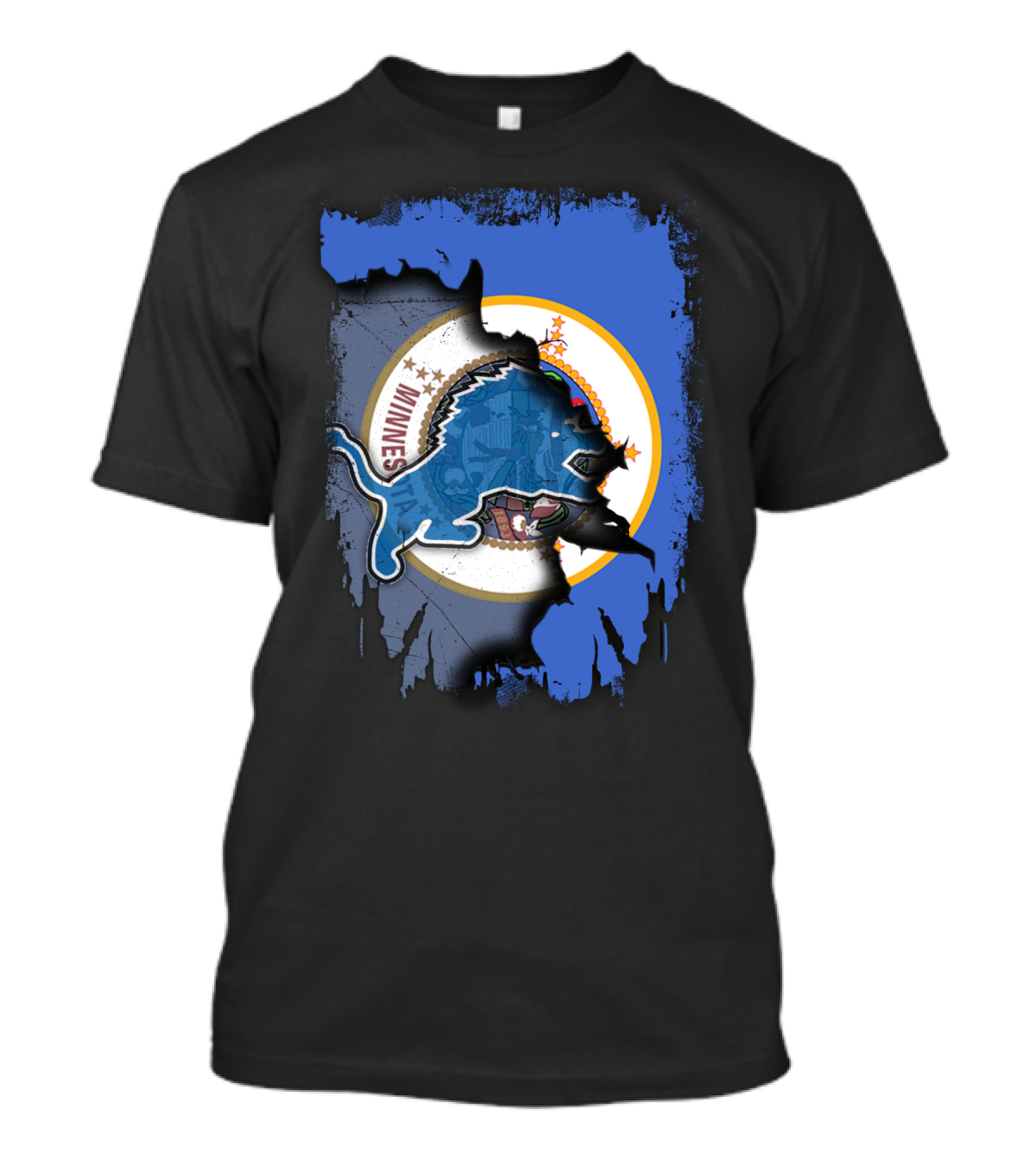 Minnesota State Flag With Detroit Lions Logo Together T-Shirt