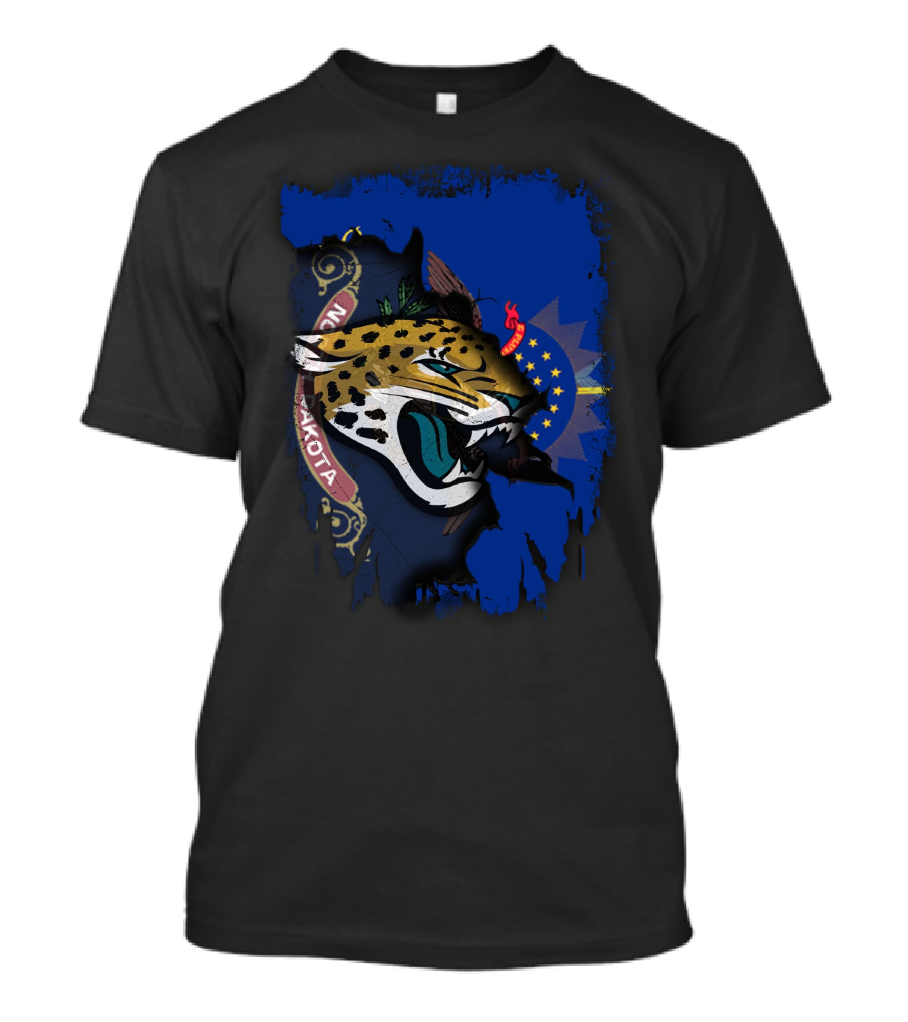 North Dakota State Flag With Jaguars Emblem Fusion T-Shirt