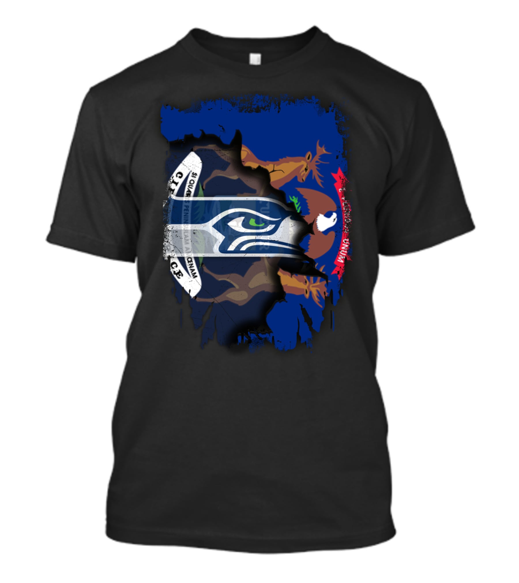 Seahawks Logo With Ripped Michigan Flag Background T-Shirt