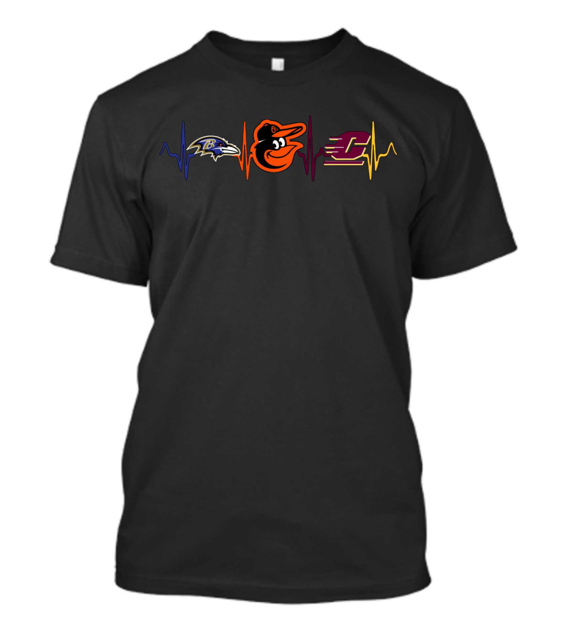 Baltimore Ravens Baltimore Orioles Central Michigan Chippewas Heartbeat Sports Fans T-Shirt