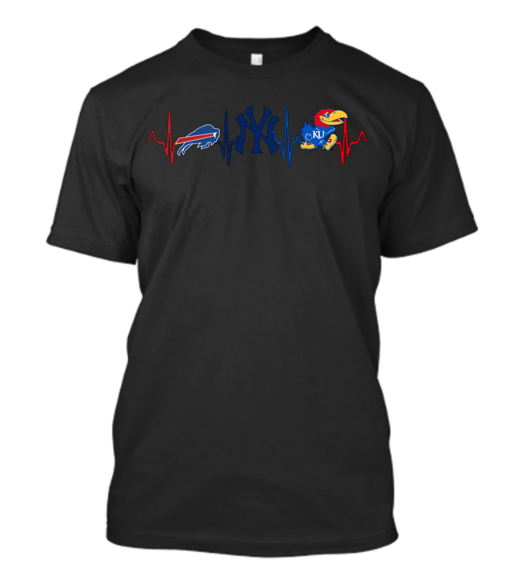 Buffalo Bills Love Meets New York Yankees And Kansas Jayhawks Ku Heartbeat T-Shirt