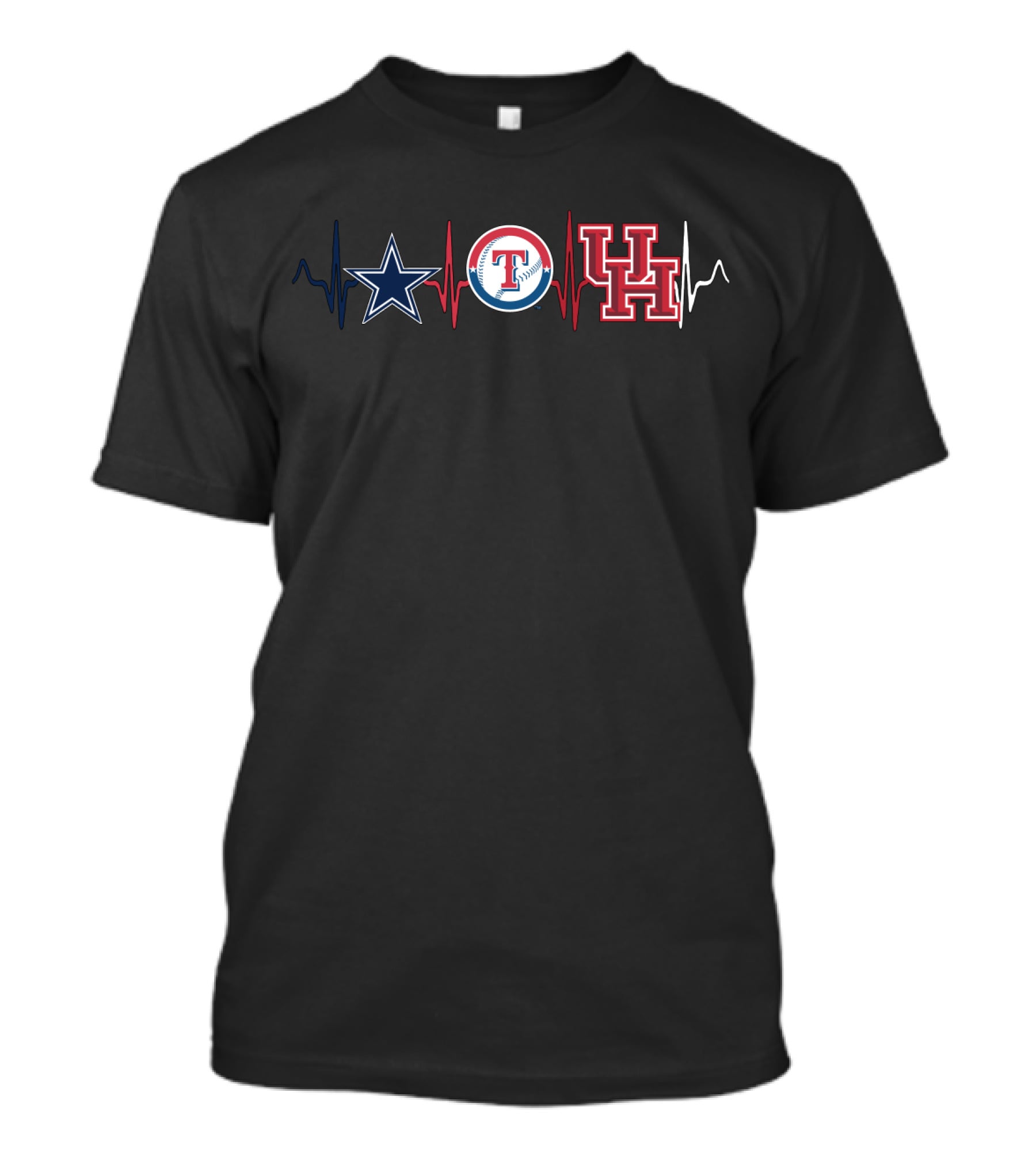 Dallas Cowboys Texas Rangers Houston Cougars Logo Heartbeat T-Shirt