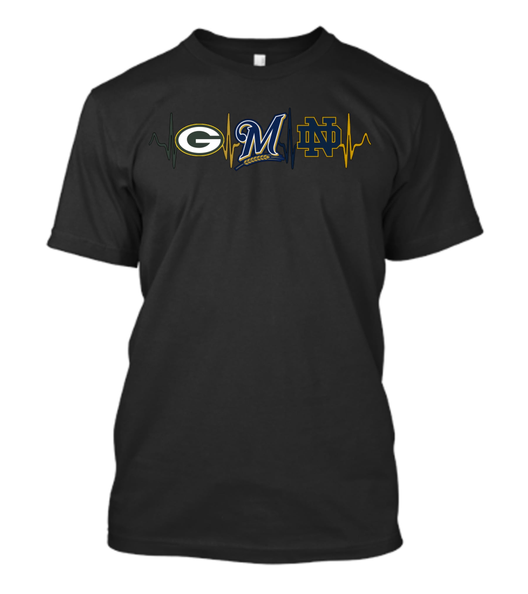 Love Packers Brewers Notre Dame Fan Heartbeat Logos T-Shirt