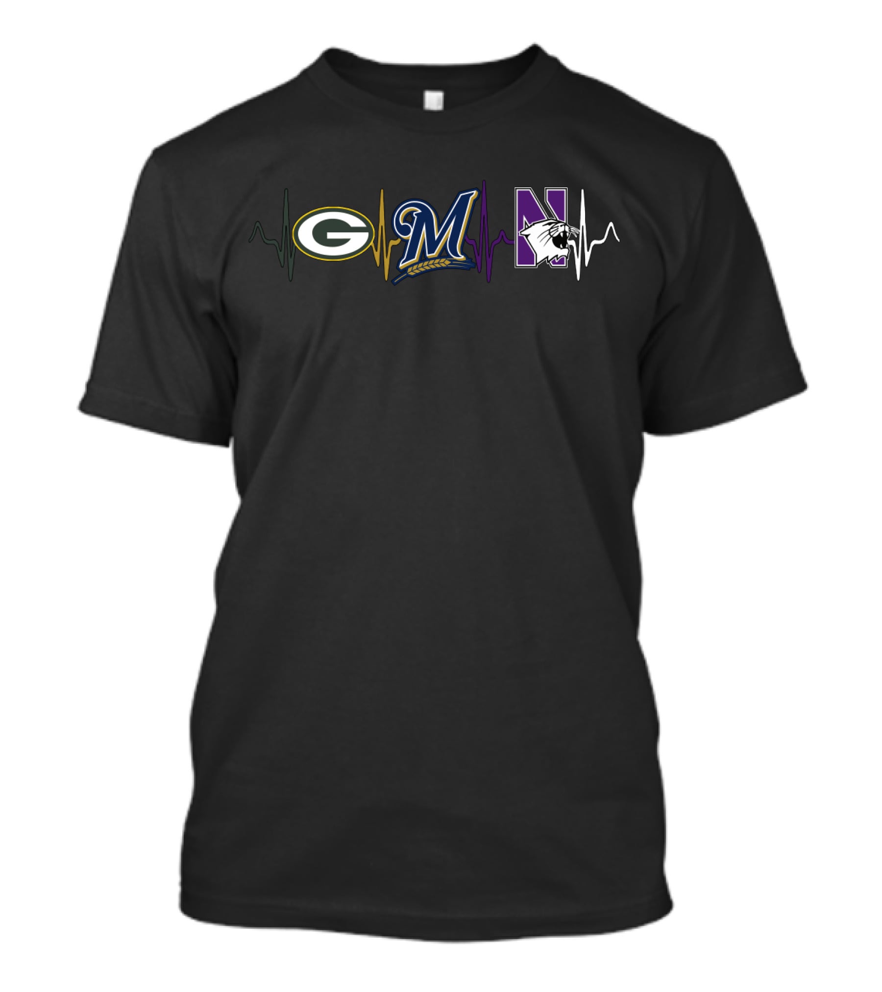 Love Packers Brewers Northwestern With Heartbeat Logos T-Shirt
