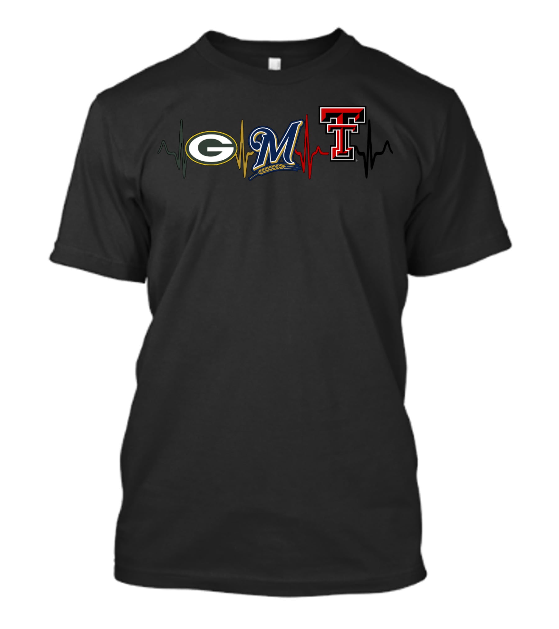 Packers Brewers Red Raiders Heartbeat Logo Combination T-Shirt