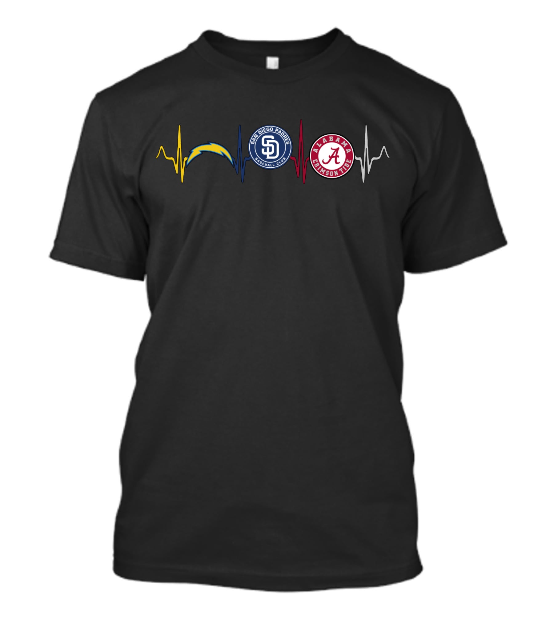 Love Chargers San Diego Padres Alabama Crimson Tide Heartbeat T-Shirt