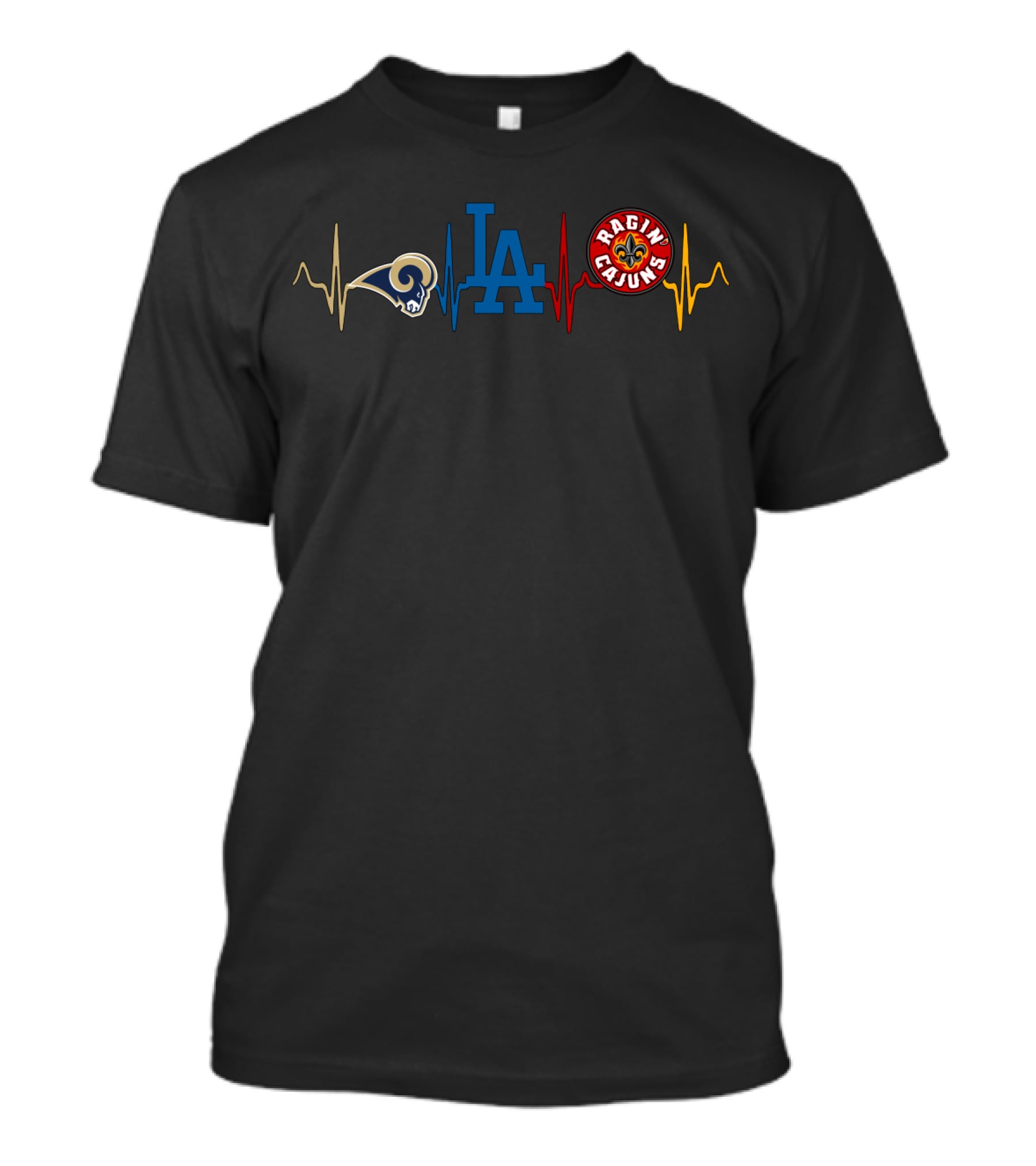 Love Rams With Dodgers With Ragin Cajuns Heartbeat T-Shirt