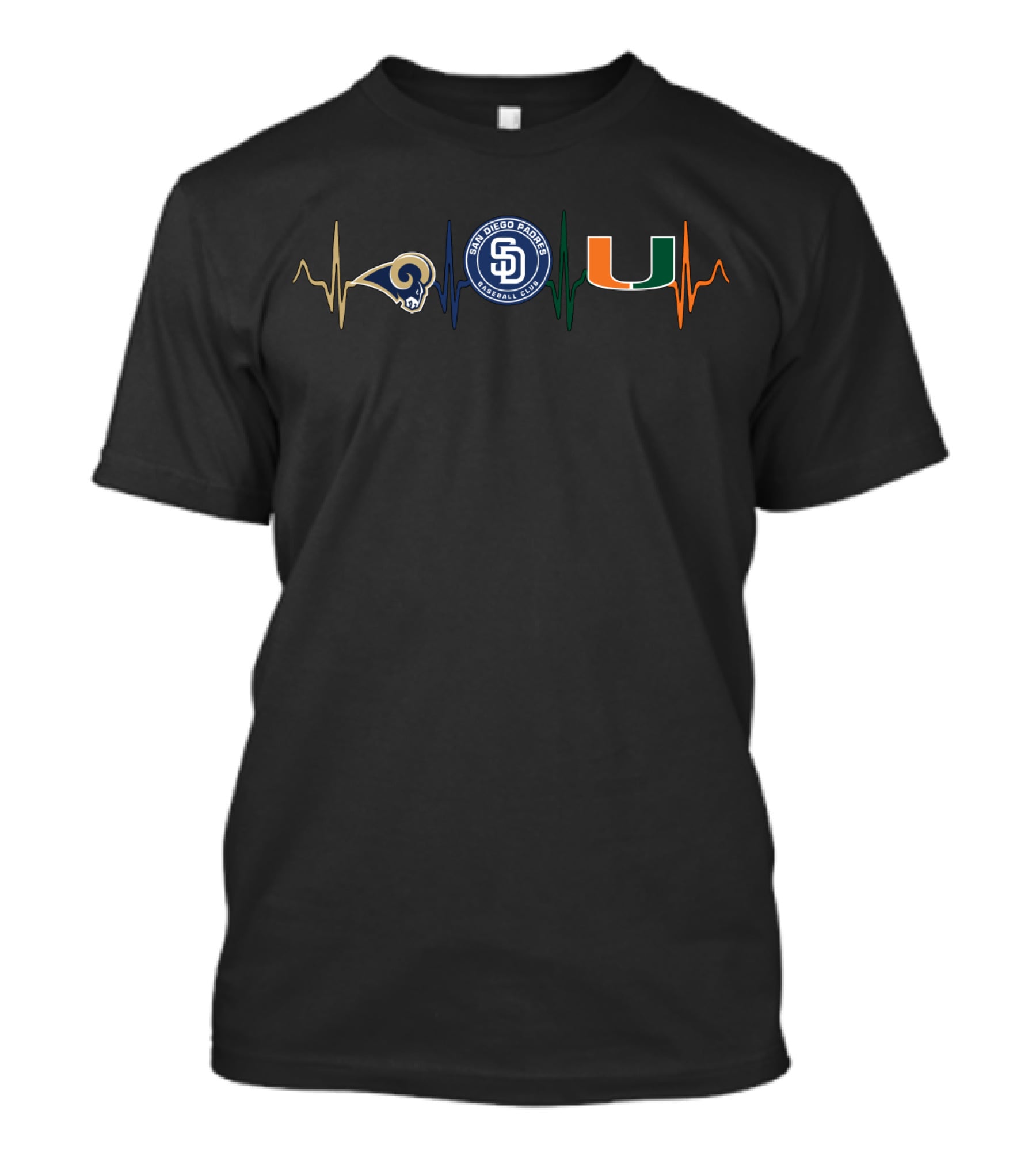 Love Rams San Diego Padres Miami Hurricanes Heartbeat T-Shirt