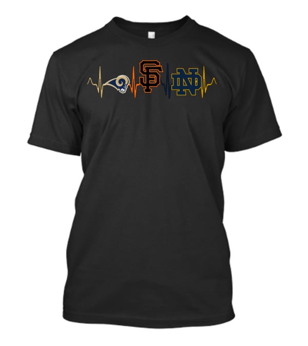 Rams Love With Giants And Notre Dame Fighting Irish Heartbeat T-Shirt