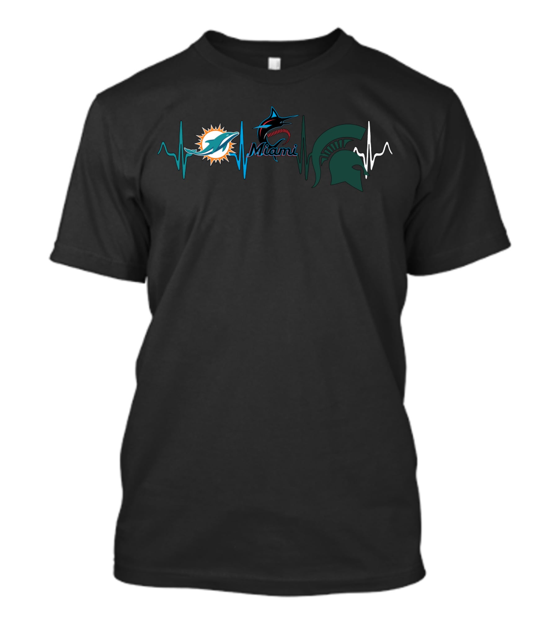 Miami Dolphins And Marlins With Michigan State Spartans Heartbeat T-Shirt