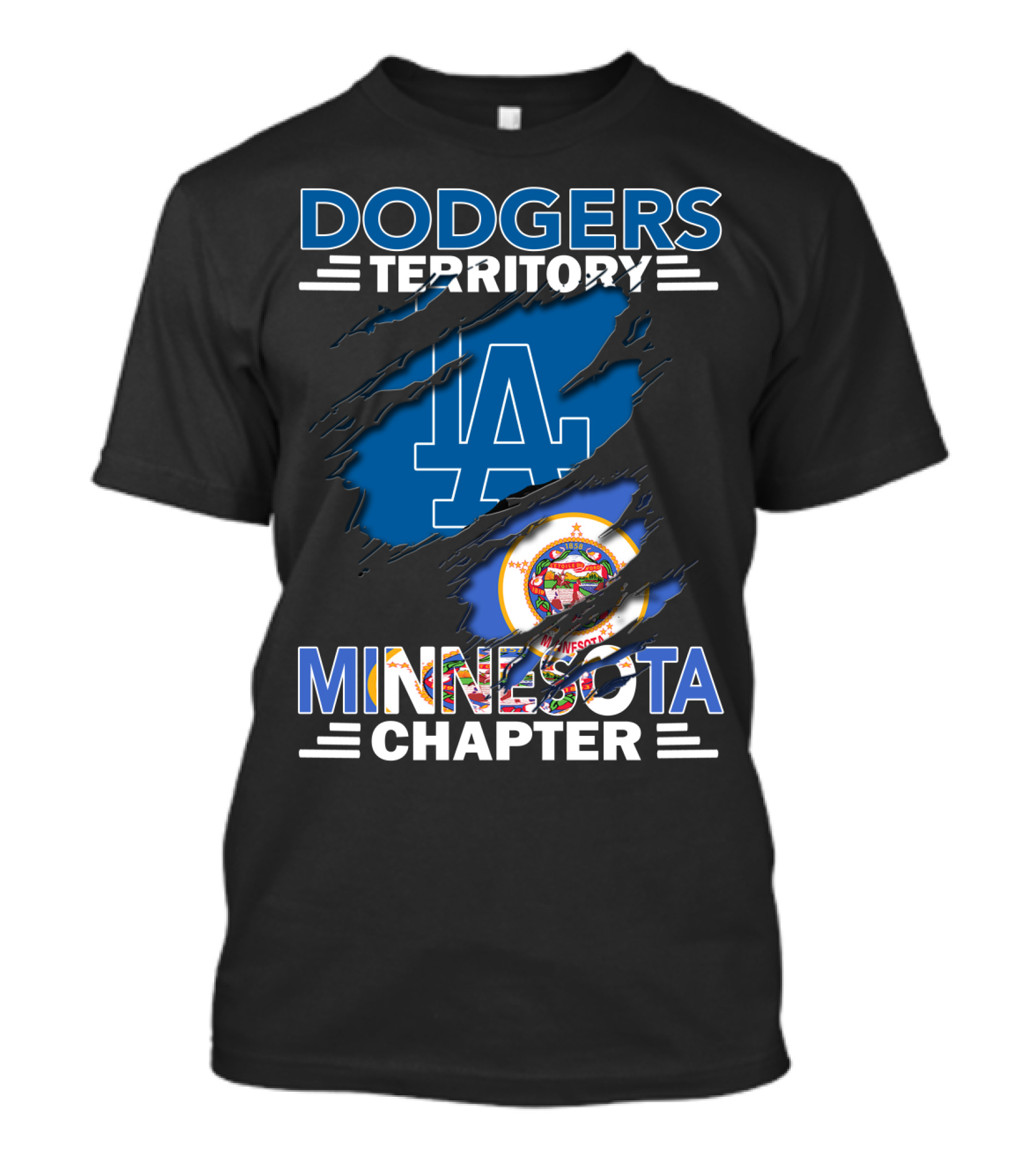 Dodgers Territory Minnesota Chapter LA Logo With Minnesota State Flag Elements T-Shirt