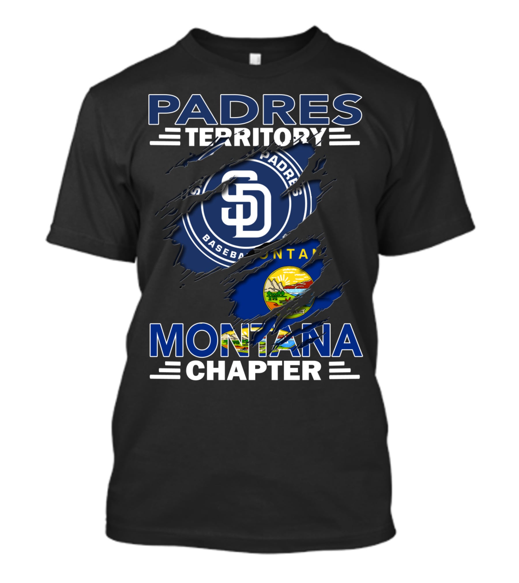 Padres Territory Montana Chapter SD Baseball Logo And Montana Flag Burst T-Shirt