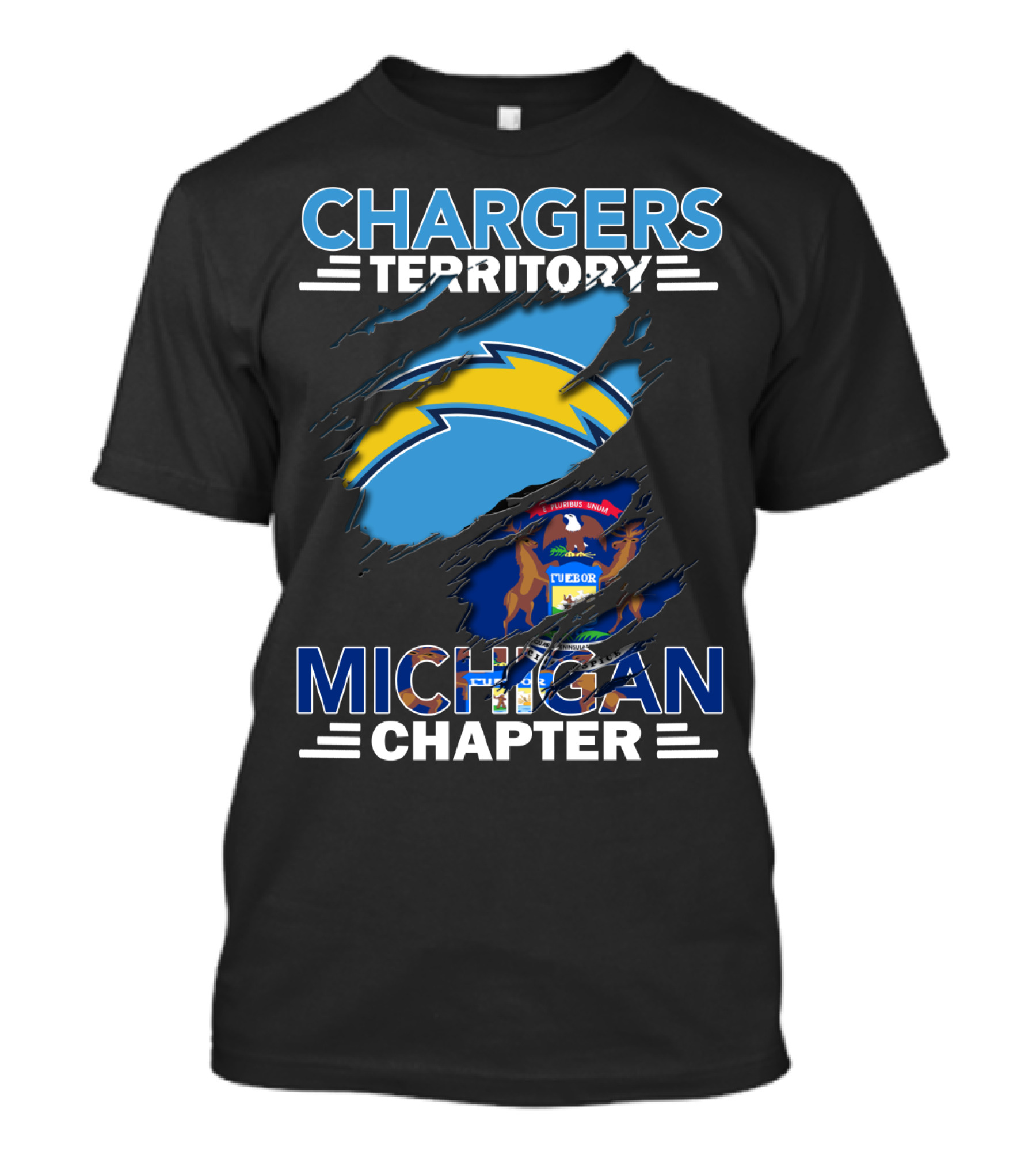 Chargers Territory Michigan Chapter Logo With Michigan State Flag And Lightning Bolt T-Shirt