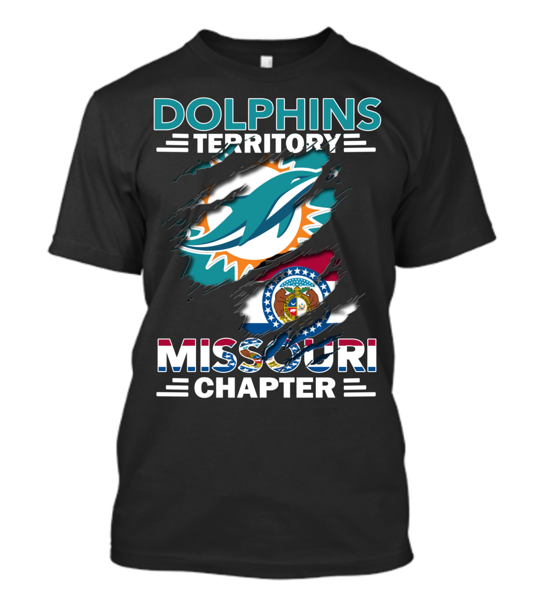 Dolphins Territory Missouri Chapter Miami Dolphins And Missouri Flag T-Shirt