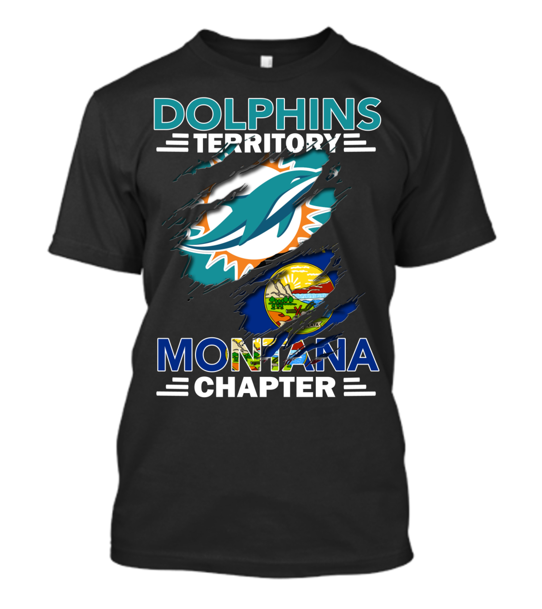 Dolphins Territory Montana Chapter Miami Dolphins Logo With Montana State Flag T-Shirt