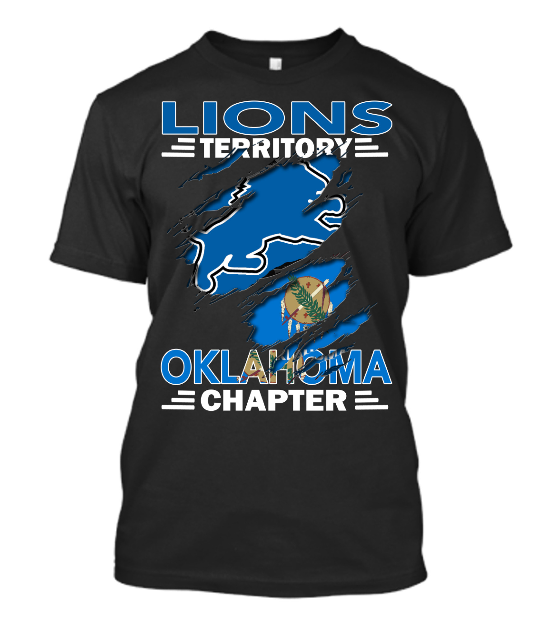Lions Territory Oklahoma Chapter Blue Lion Oklahoma Flag Emblem T-Shirt