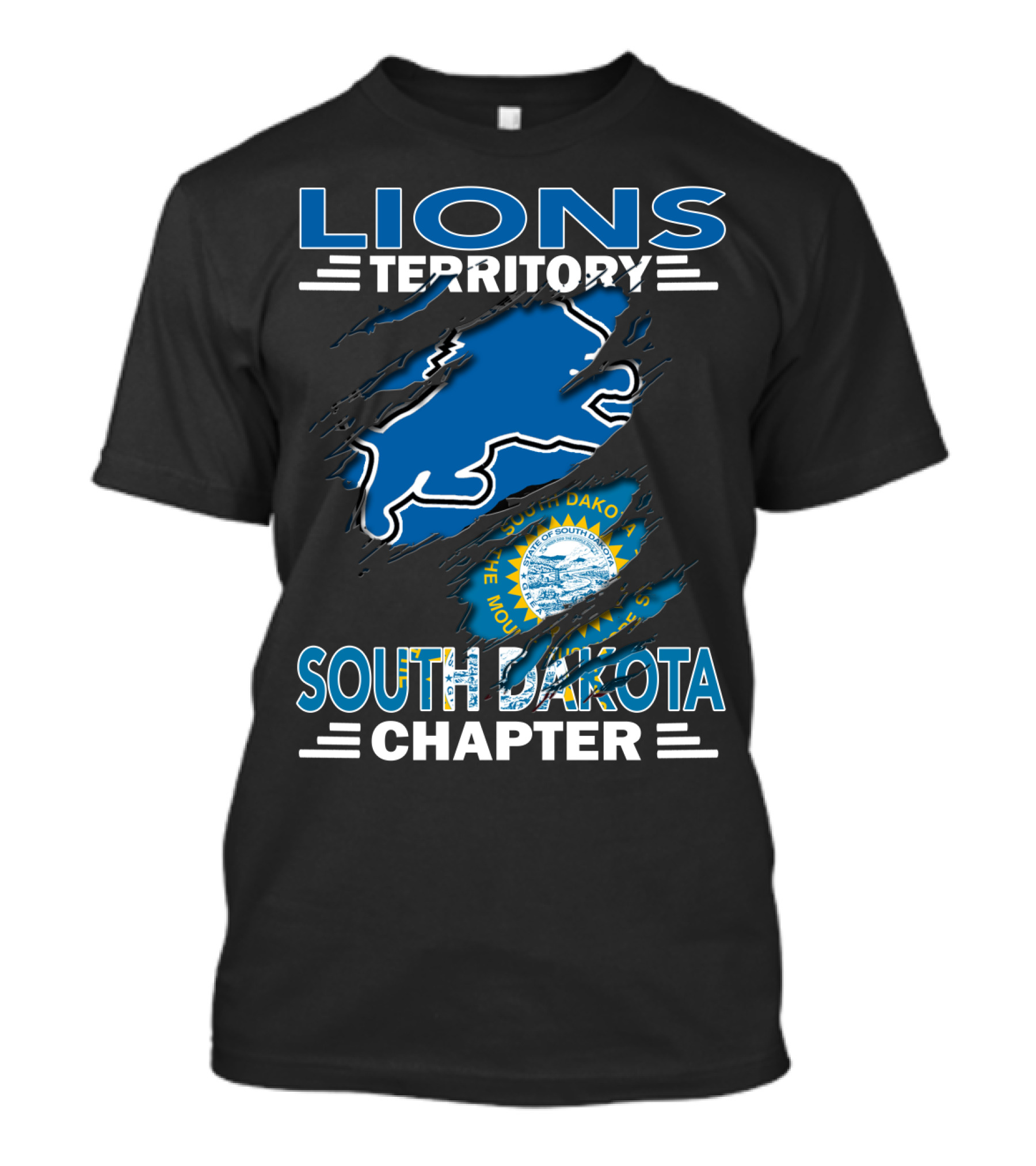Lions Territory South Dakota Chapter State Emblem And Blue Lion T-Shirt