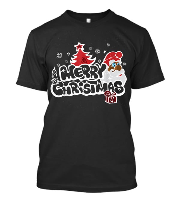 Merry Christmas Santa Red Tree Gift Black Holiday T-Shirt