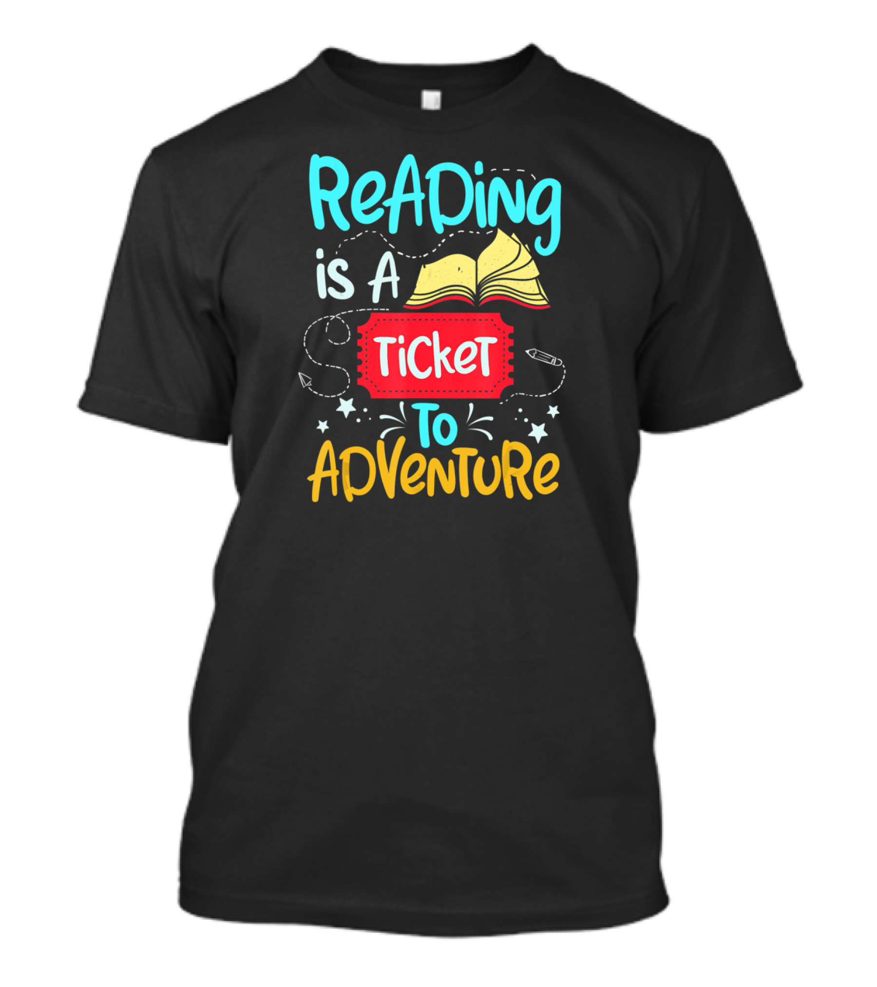 Reading Is A Ticket To Adventure Book Open Pages Stars Pencils T-Shirt