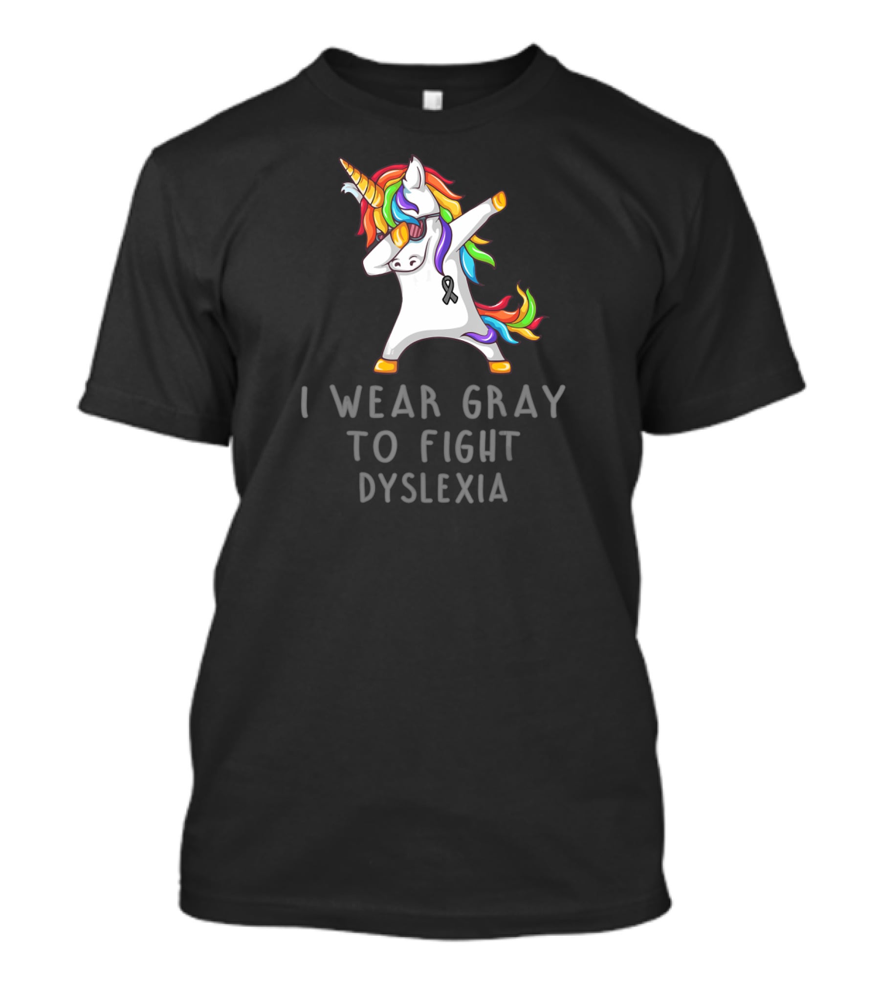 I Wear Gray To Fight Dyslexia Unicorn Rainbow Dabbing T-Shirt