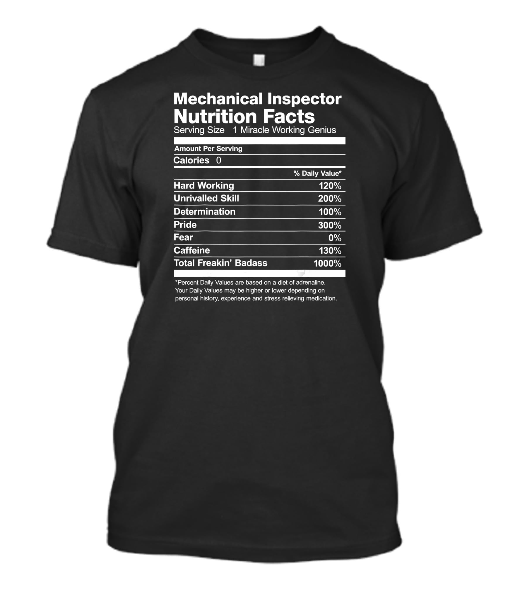 Mechanical Inspector Nutrition Facts Serving Size 1 Miracle Working Genius T-Shirt