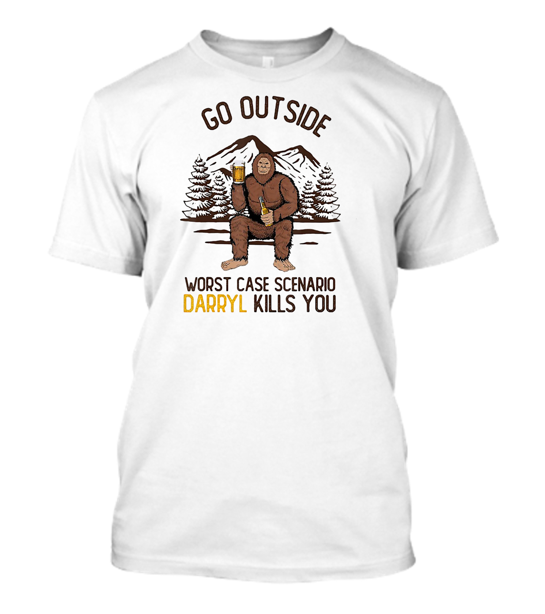 Go Outside Worst Case Scenario Darryl Kills You Bigfoot Holding Beer In Forest Mountain Scene T-Shirt