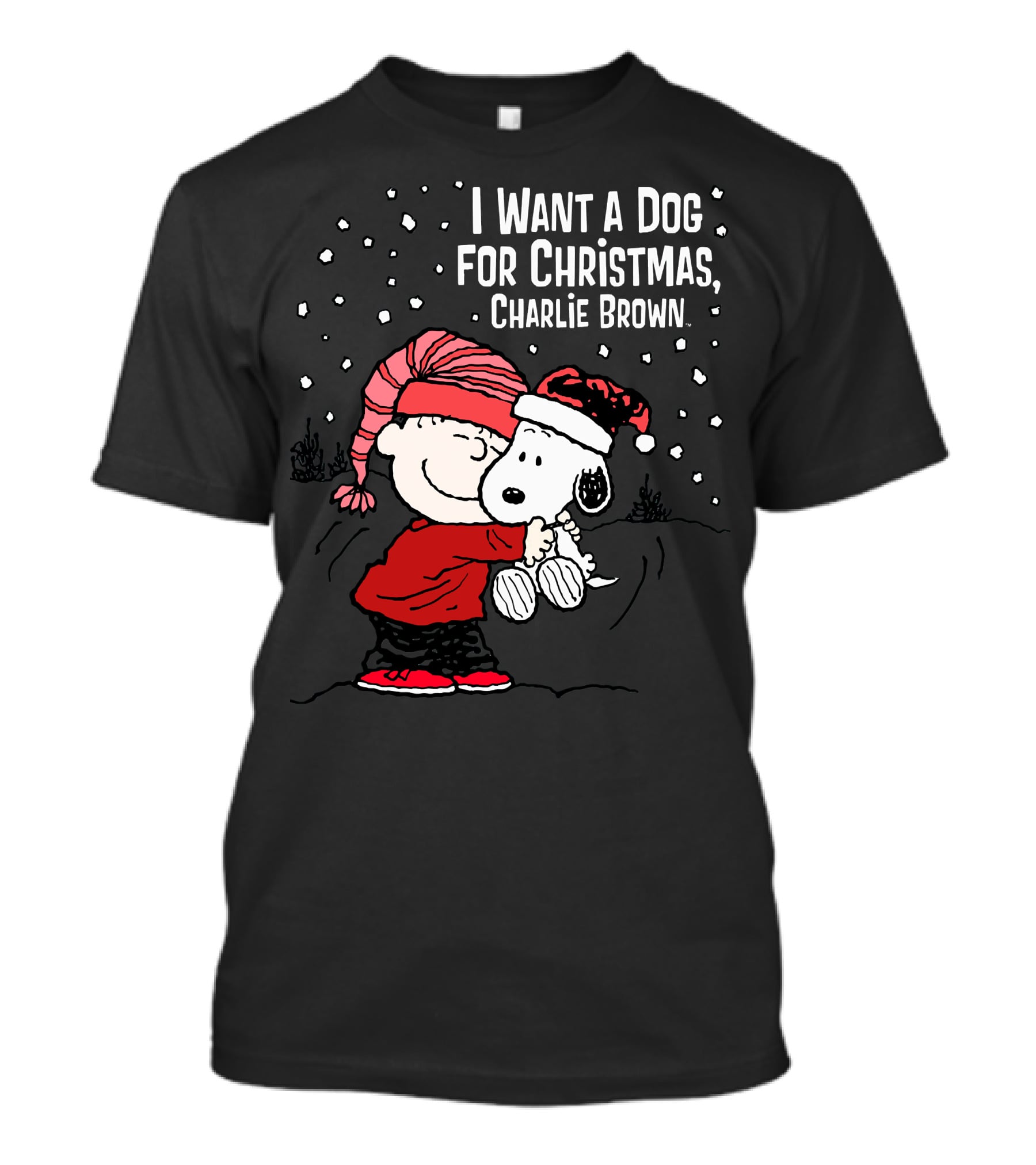 I Want A Dog For Christmas Charlie Brown Snoopy Hugging Linus Snow Scene T-Shirt