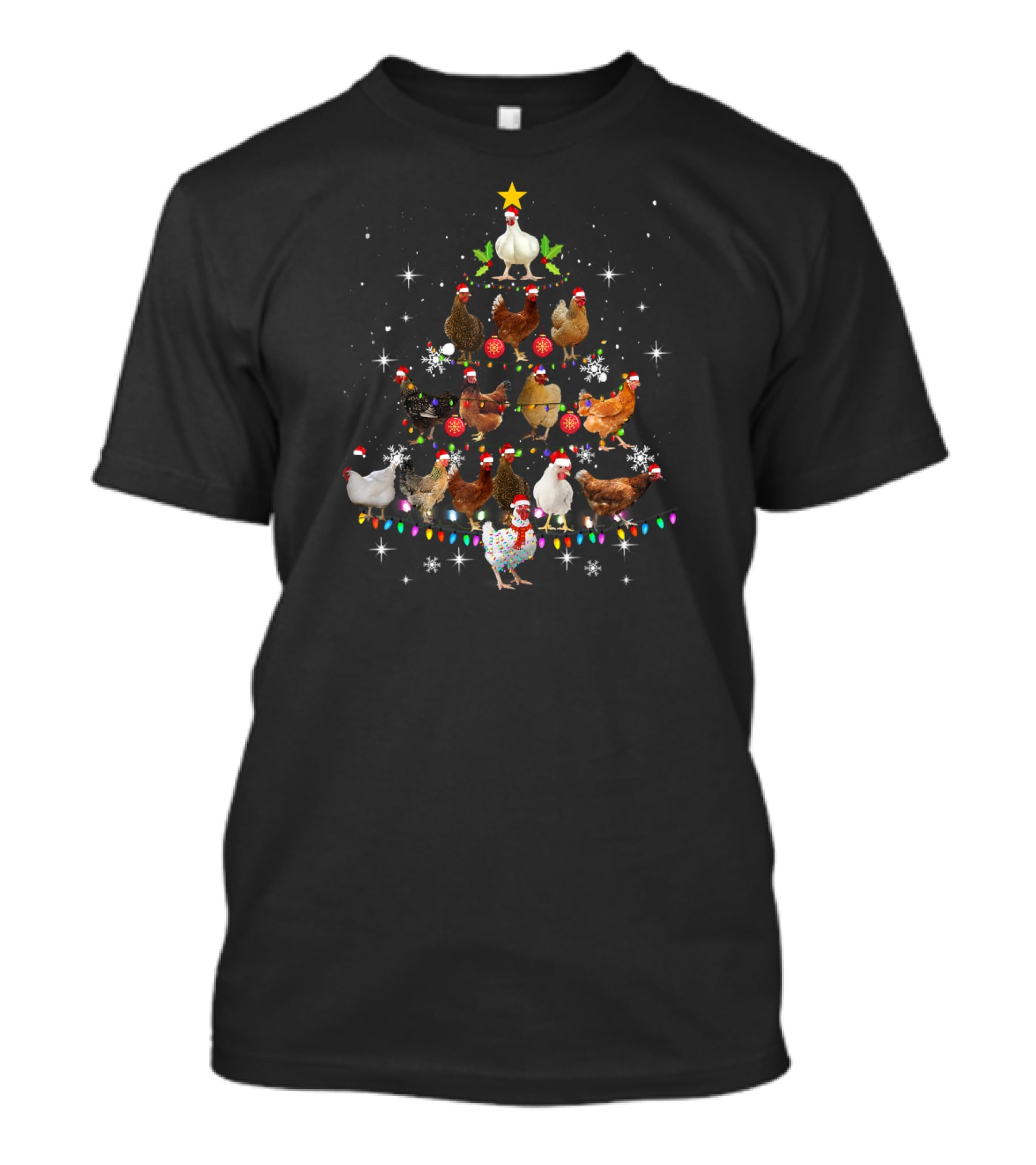 Funny Chickens Christmas Tree Decorated With Santa Hats And Holiday Ornaments T-Shirt