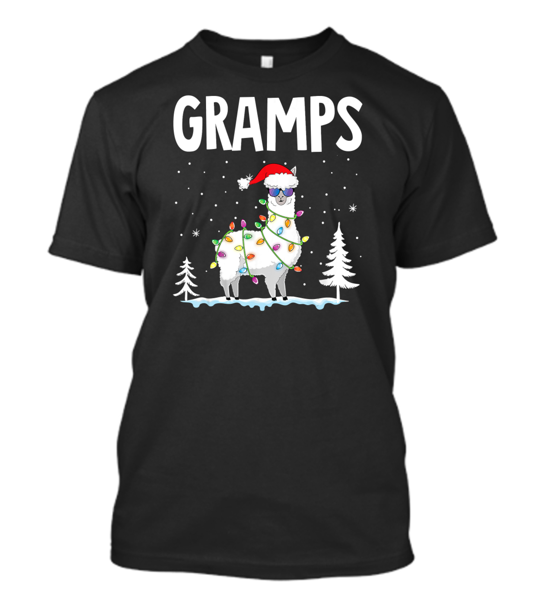 GRAMPS Llama Christmas Lights Holiday Snow Santa Hat T-Shirt