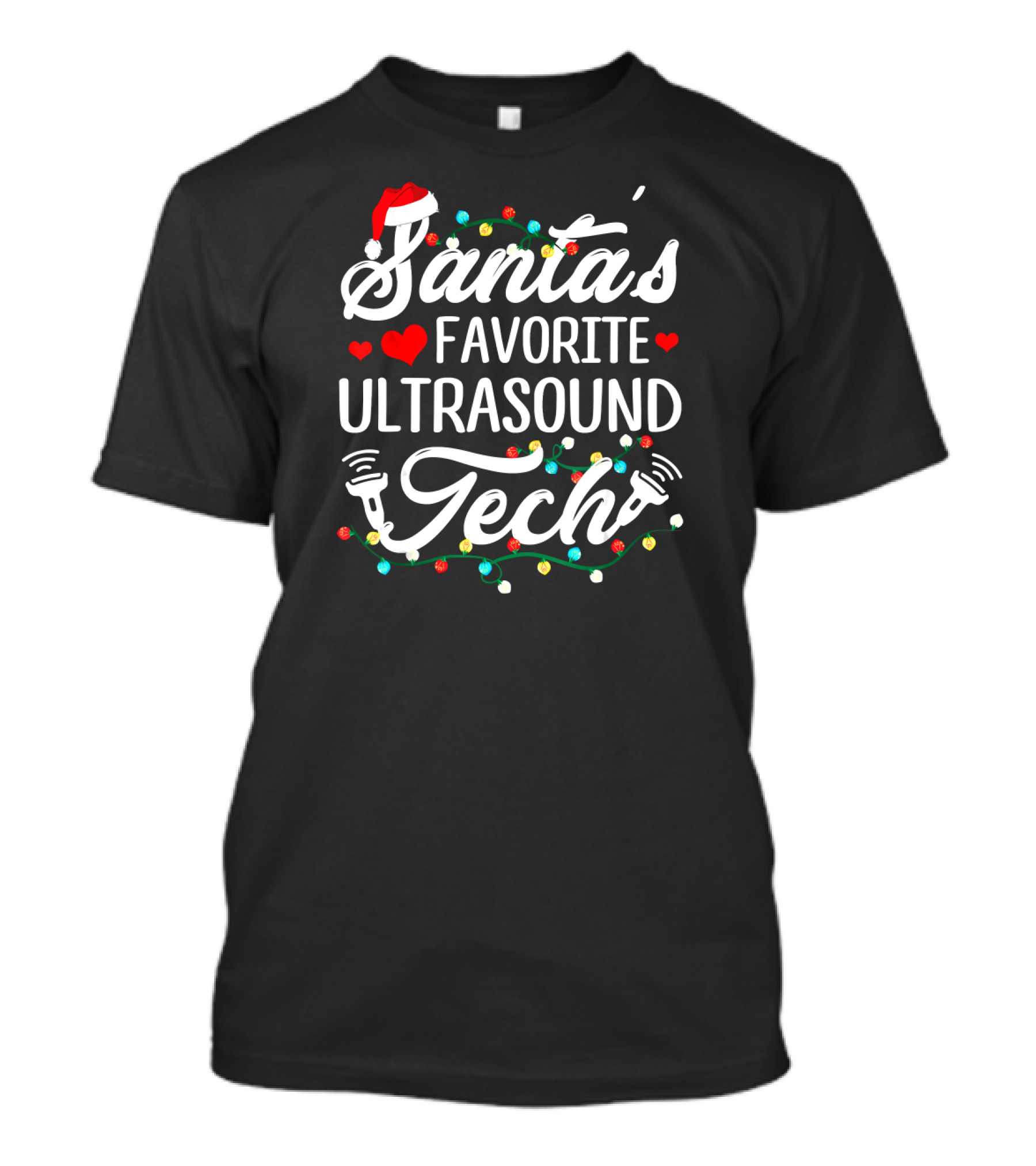Santa's Favorite Ultrasound Tech Christmas Lights Santa Hat Hearts T-Shirt