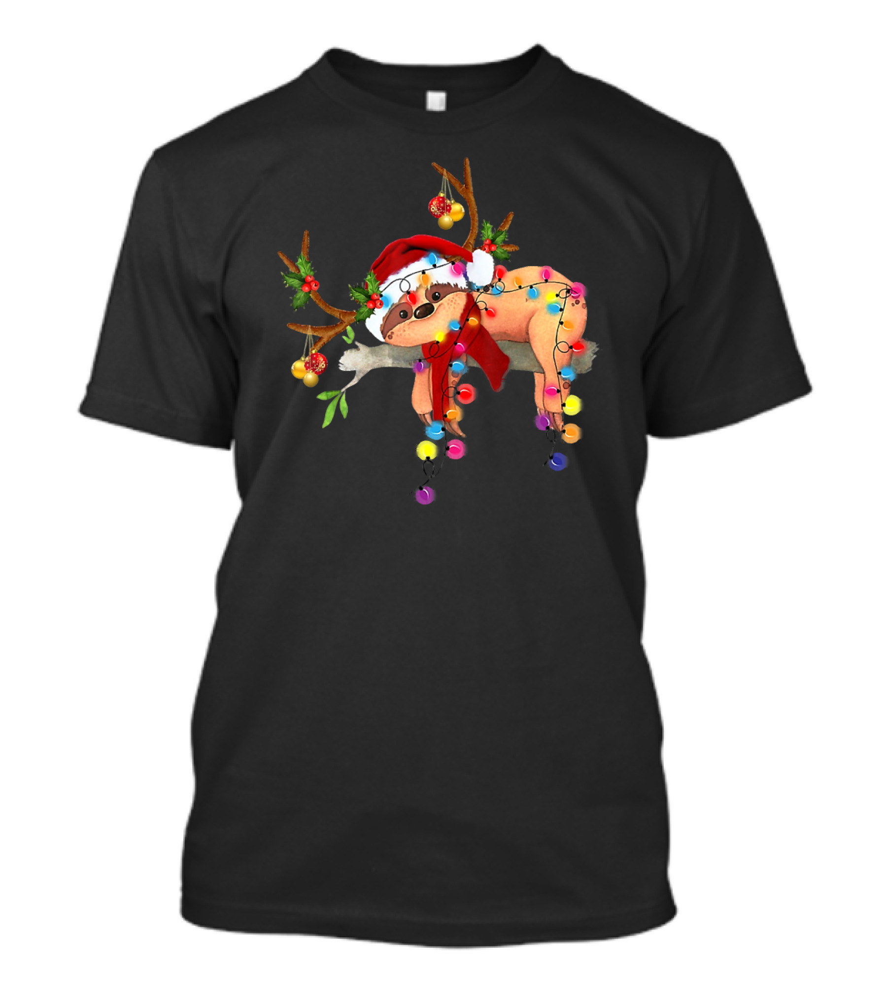 Santa Sloth With Gorgeous Reindeer Antlers And Christmas Lights T-Shirt