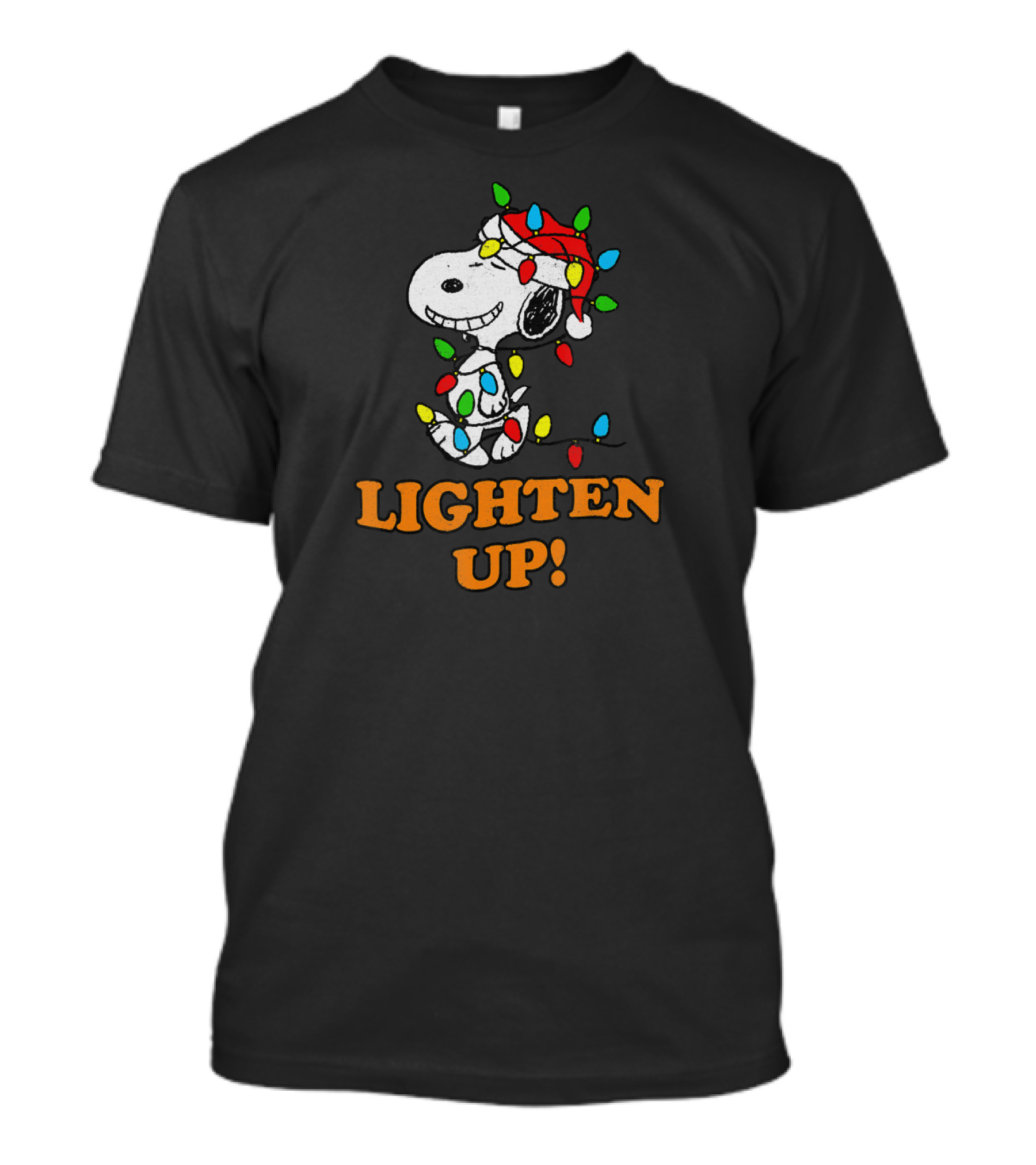 Peanuts Snoopy Christmas Lighten Up With Holiday Lights And Santa Hat T-Shirt