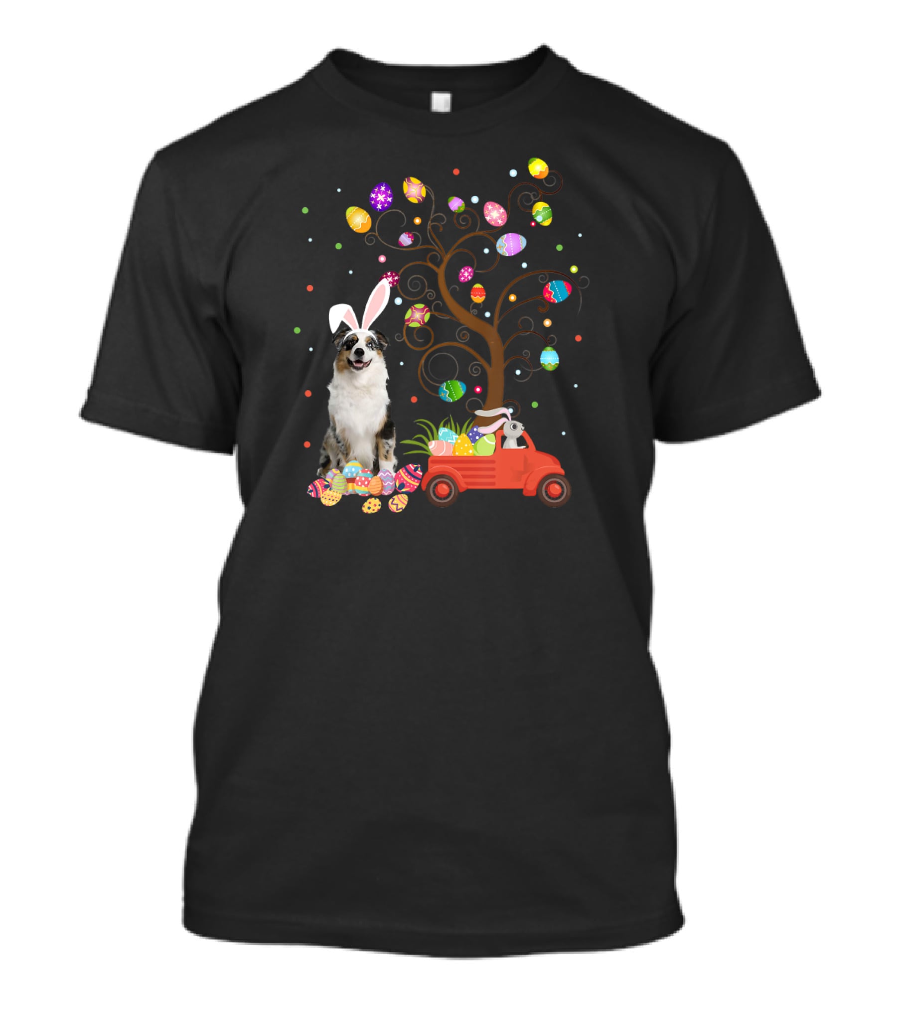 Australian Shepherd Bunny Ears Easter Eggs Tree Truck T-Shirt