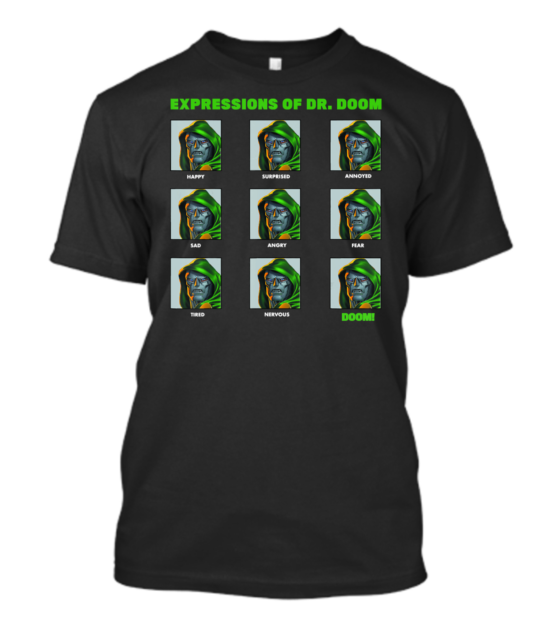 Expressions Of Dr. Doom Happy Surprised Annoyed Sad Angry Fear Tired Nervous Doom Panels T-Shirt